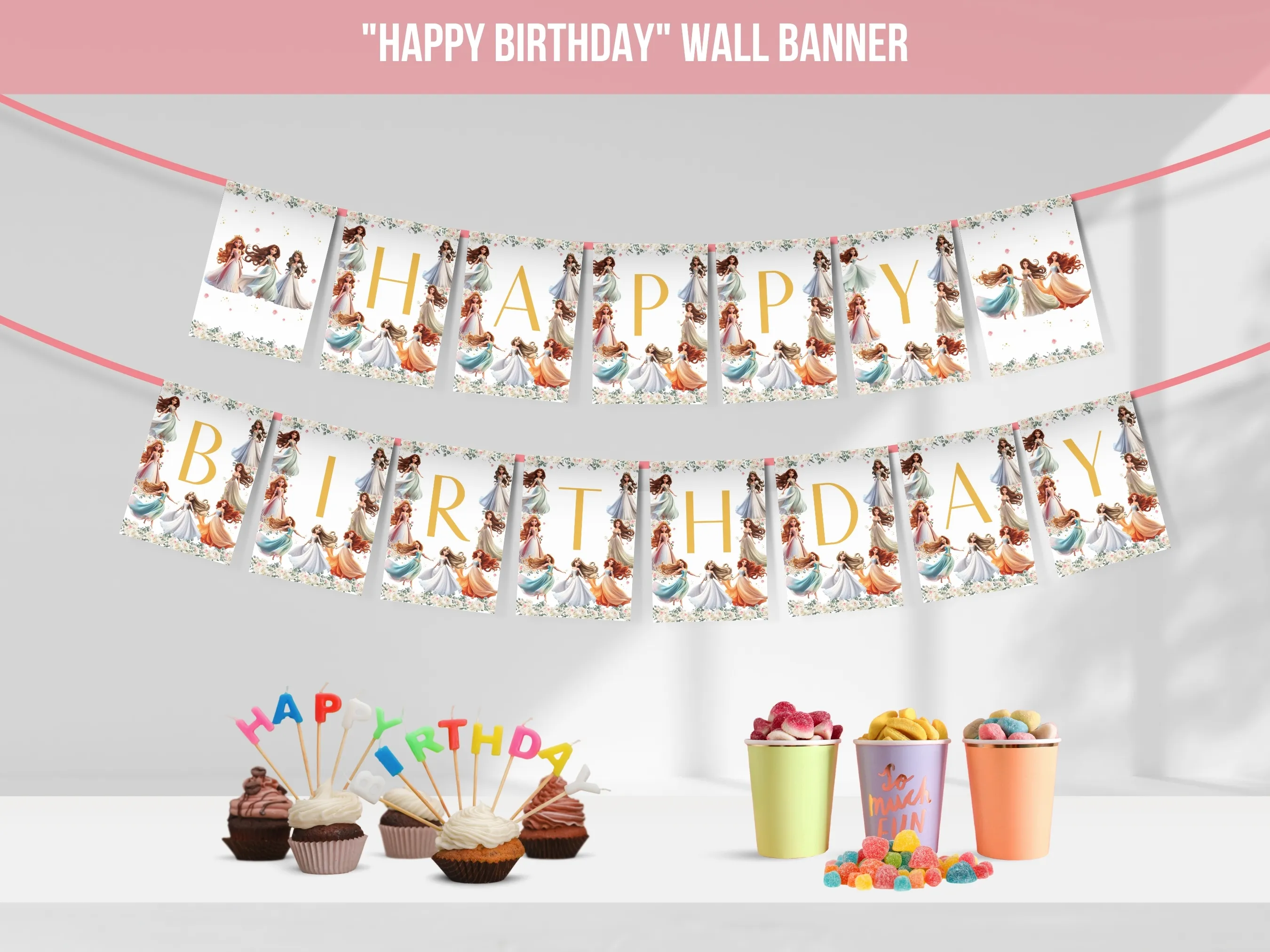 Princess Happy Birthday banner with royal theme, customizable birthday bunting and wall banner, editable Canva template by fllcdesigns