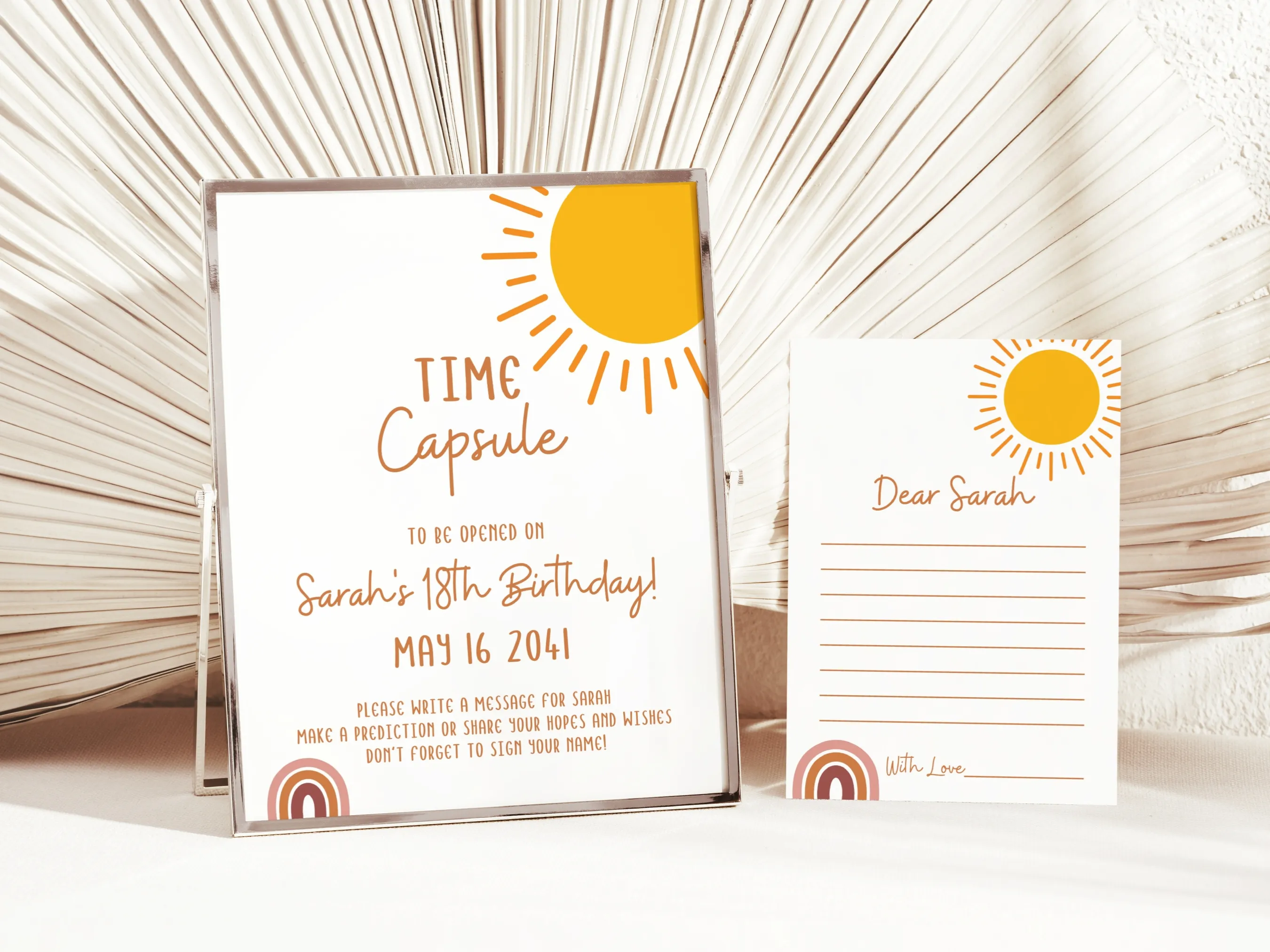 First Trip Around the Sun birthday time capsule with sunshine theme guest book and wishes cards, editable Canva template, digital download.