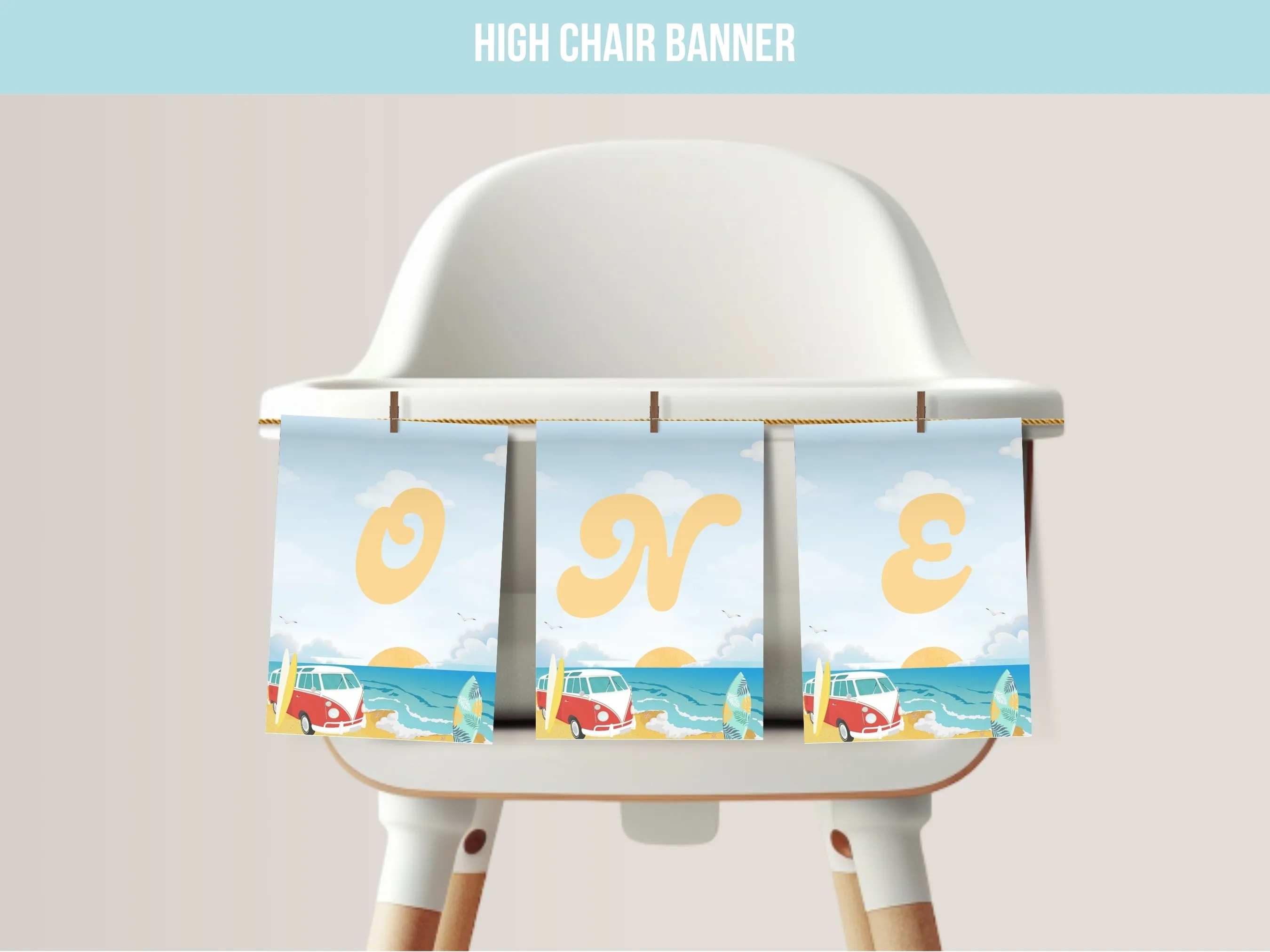 The Big One surf birthday high chair banner with ONE lettering for a beach party first birthday, editable Canva template digital download by fllcdesigns