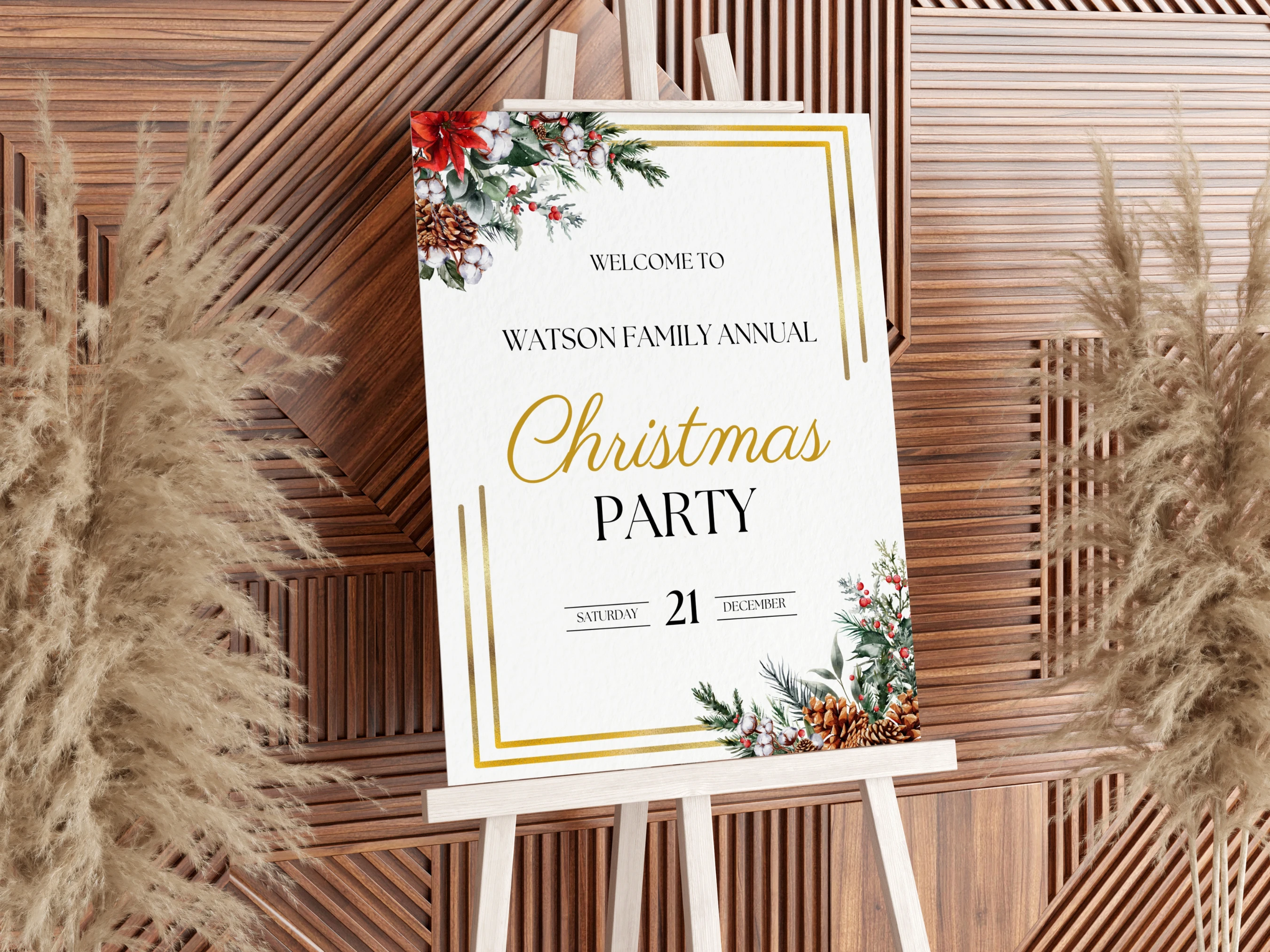 Editable Christmas party welcome sign with golden frame, festive evergreen branches, red berries, pinecones and personalized family celebration details