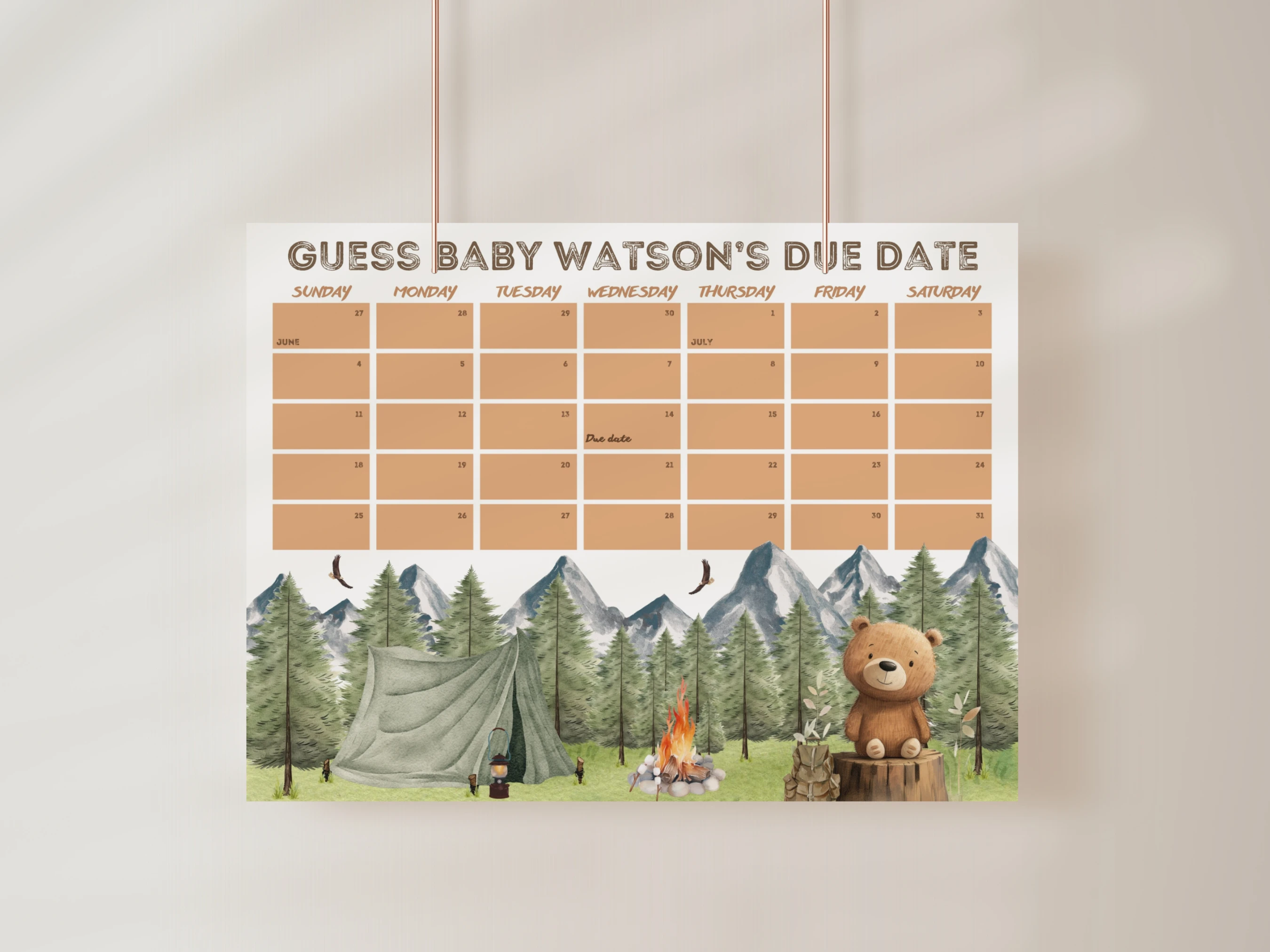 little camper baby shower due date calendar woodland bear prediction game canva template digital download, woodland baby shower prediction game bear decorations canva template