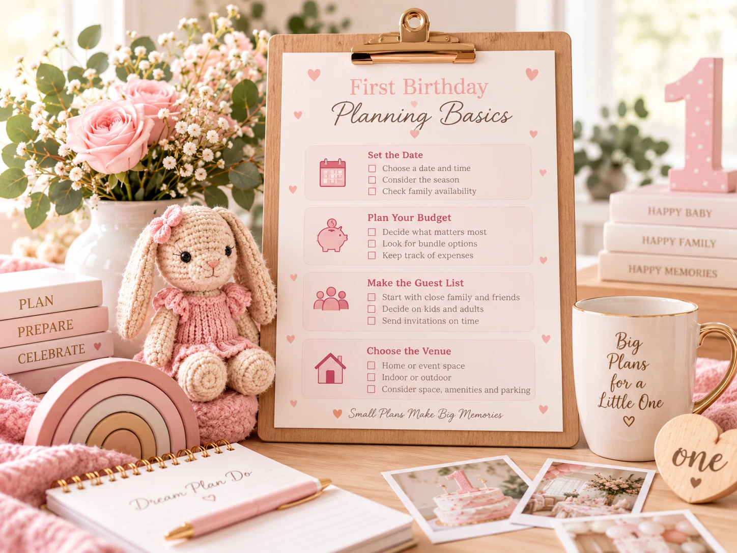 First birthday planning basics checklist with date, budget, guest list and venue ideas