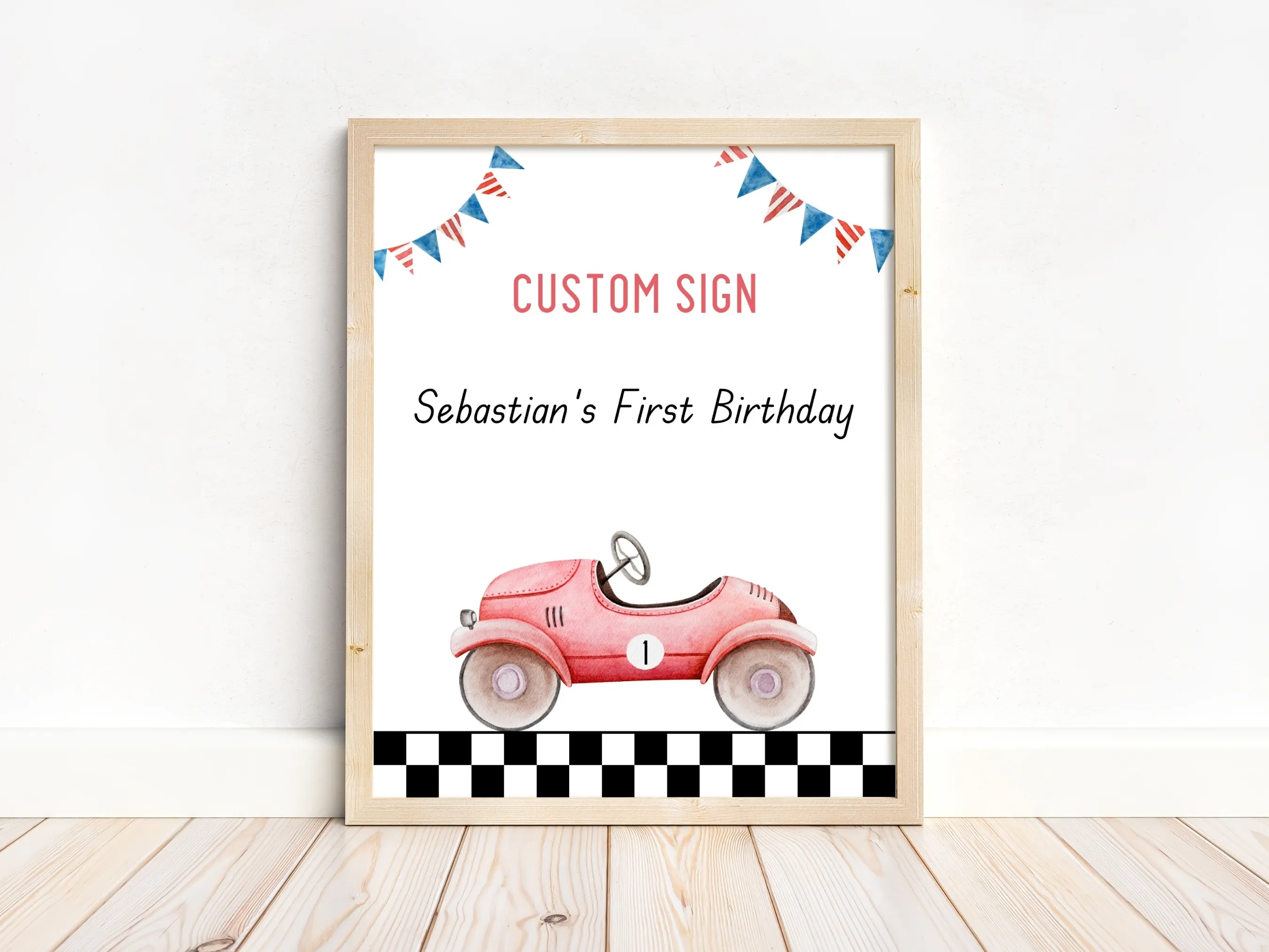 Fast One custom birthday sign with red race car theme, customizable cookie table and gift table sign, editable Canva template by fllcdesigns