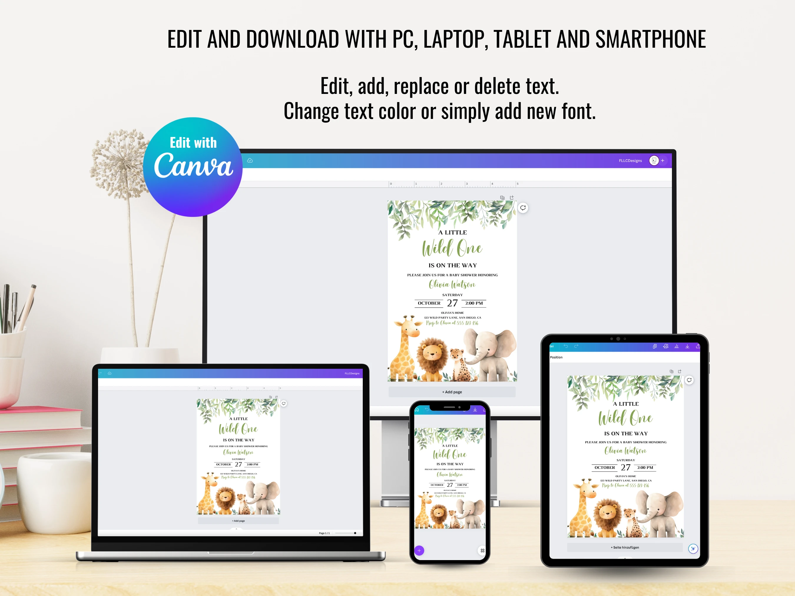 Safari Baby Shower Invitation Set | Jungle Animals Wild One Starter Pack | Editable Canva Template | Digital Download