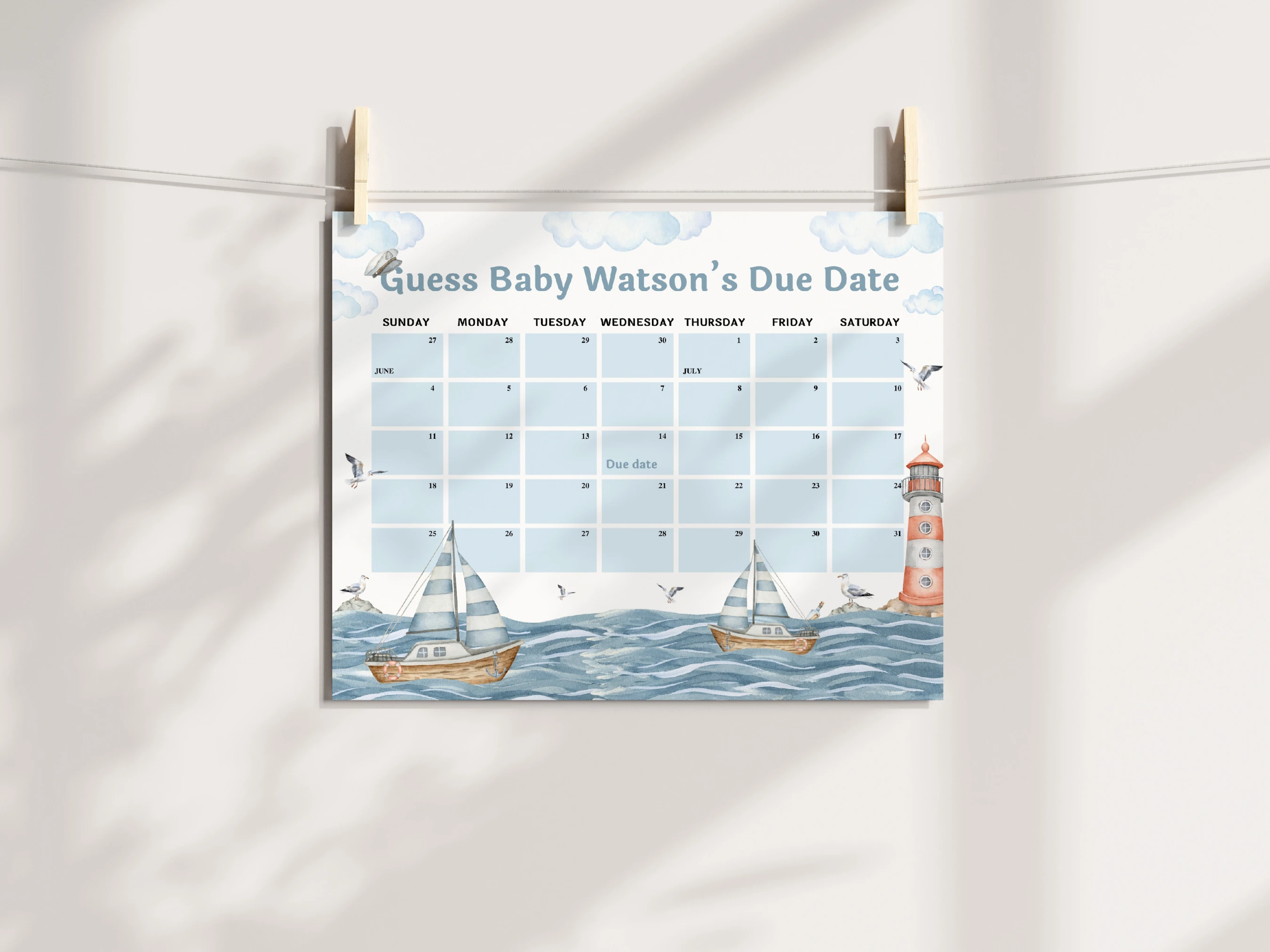 Nautical Baby Due Date Calendar | Ahoy It's a Boy Prediction Game | Guess The Birthday For Baby Boy | Editable Canva Template | Digital Download