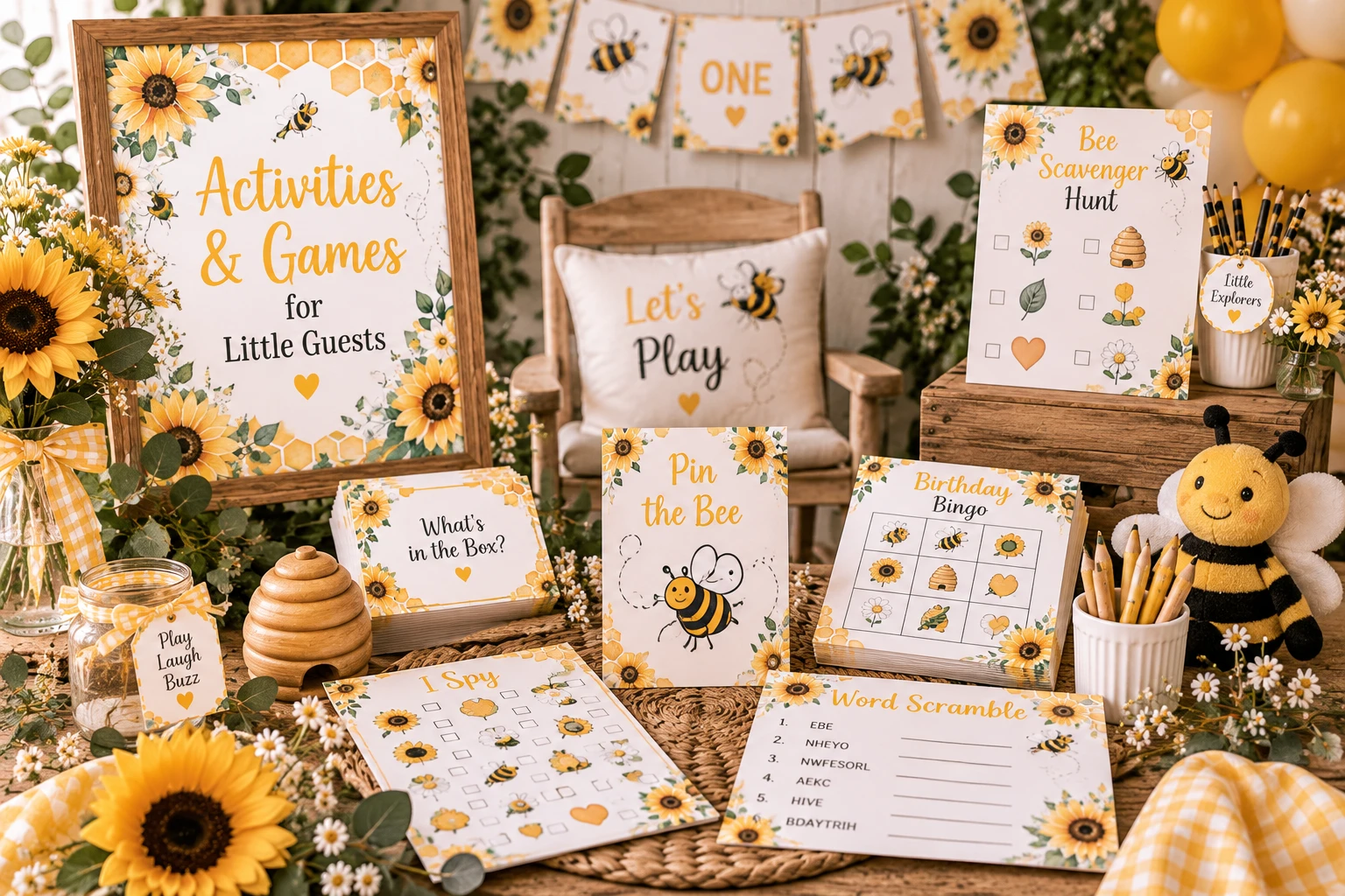 Sunflower and bee first birthday activity table with simple games, play ideas, coloring materials and child-friendly party inspiration