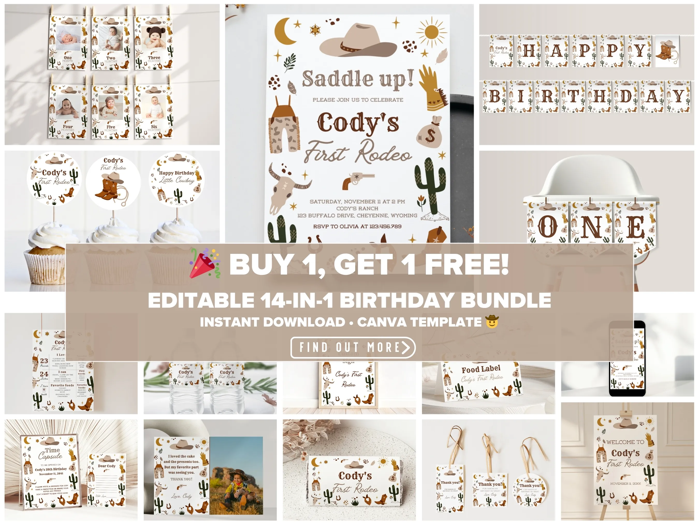 Cowboy birthday theme editable Canva templates digital download by fllcdesigns