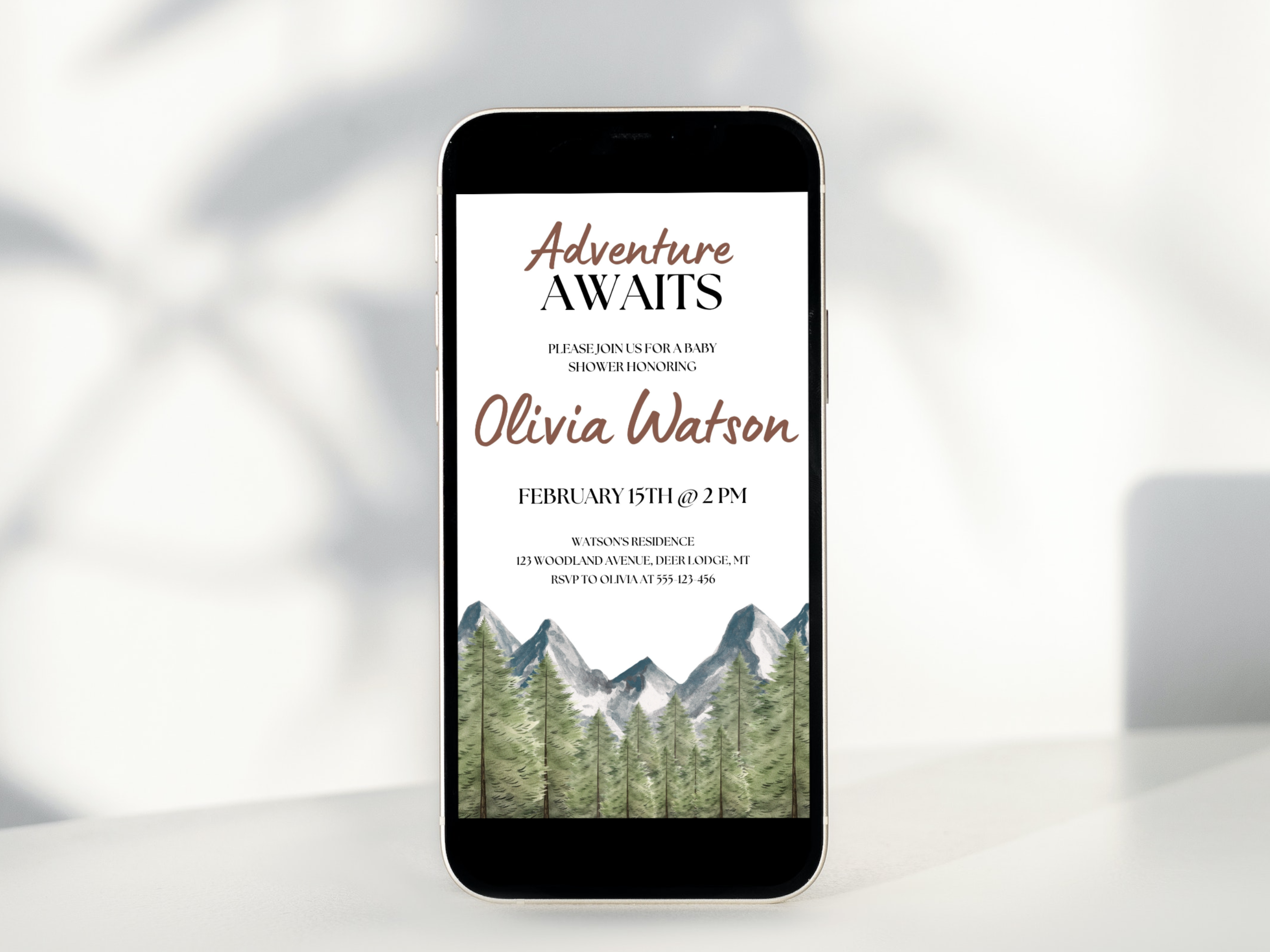 adventure awaits baby shower mobile invitation, woodland baby shower digital invite, mountain baby shower invitation template, printable baby shower invite, editable baby shower invitation Canva