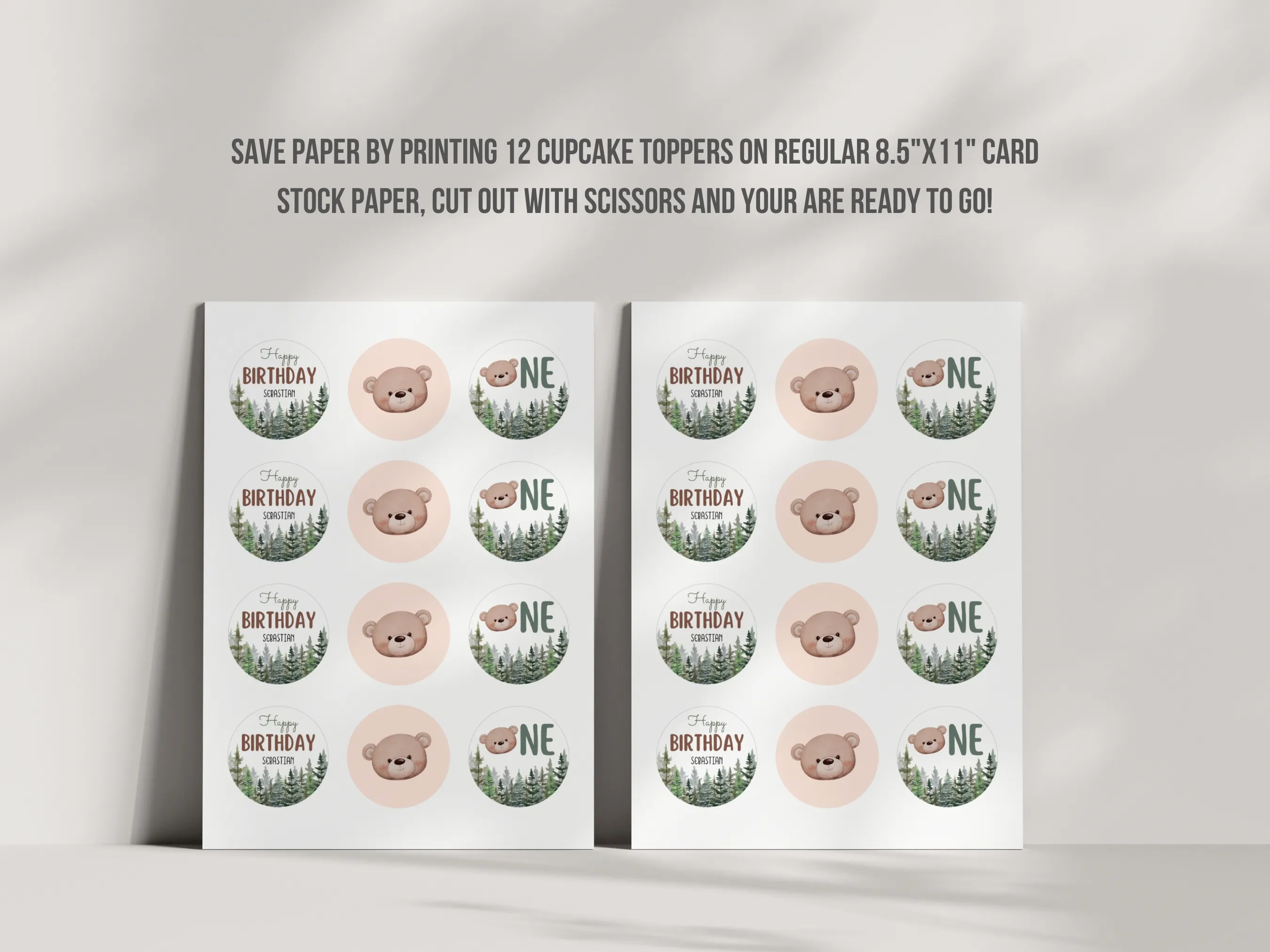 Woodland Party Happy Birthday Cupcake Toppers | Brown Bear “One” Cake Topper | Forest Animal Birthday Cupcake Toppers | Editable Canva Template | Digital Download