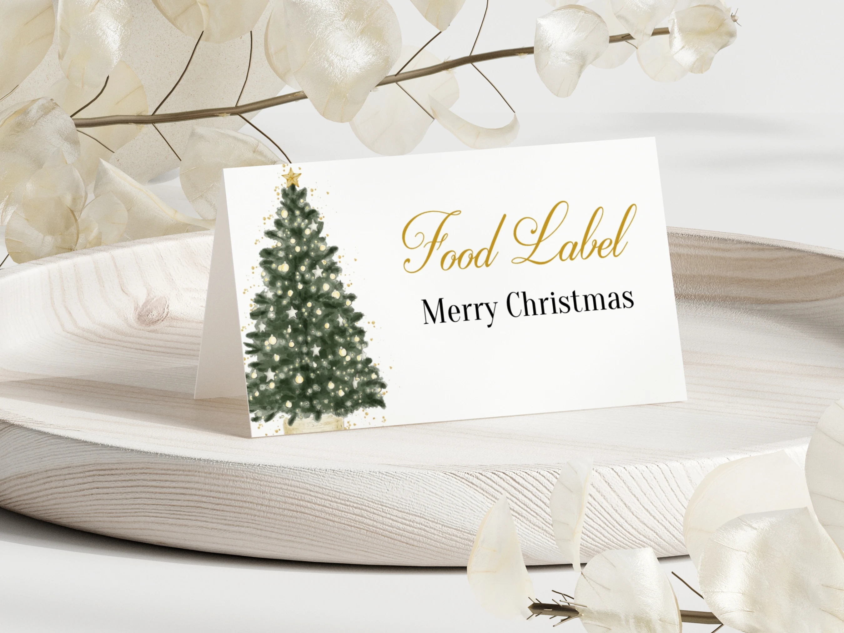 Green and Gold Christmas Tree place card and food tent template with golden glitter details, editable 3.5 × 4 inch Canva name card for Christmas dinner table decor