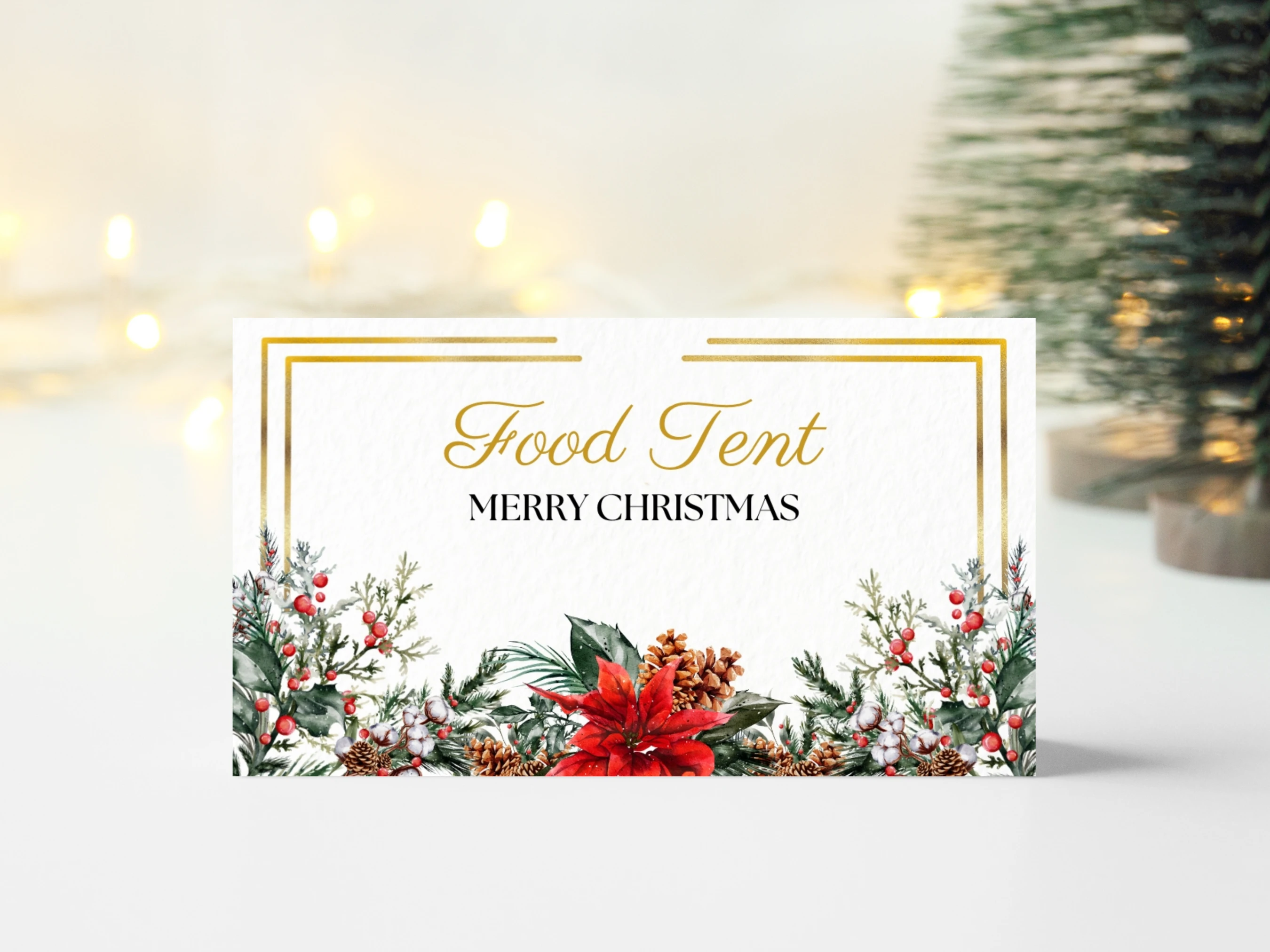 Christmas Place Cards Template | Golden Greenery Food Labels and Table Tents | Editable Canva Template | Digital Download
