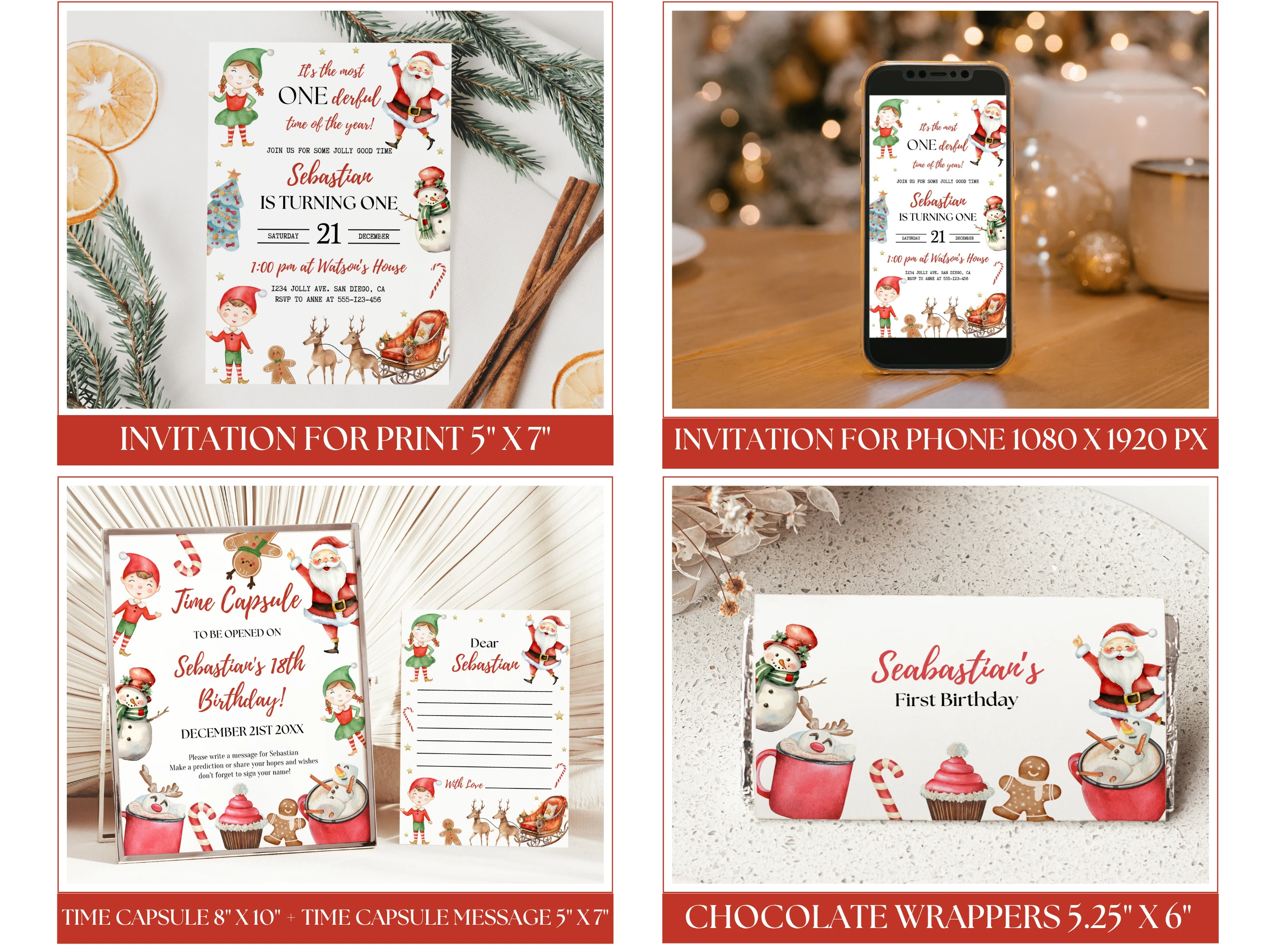Santa First Birthday Party Bundle | ONEderful Christmas Birthday Decor | Editable Canva Template | Digital Download