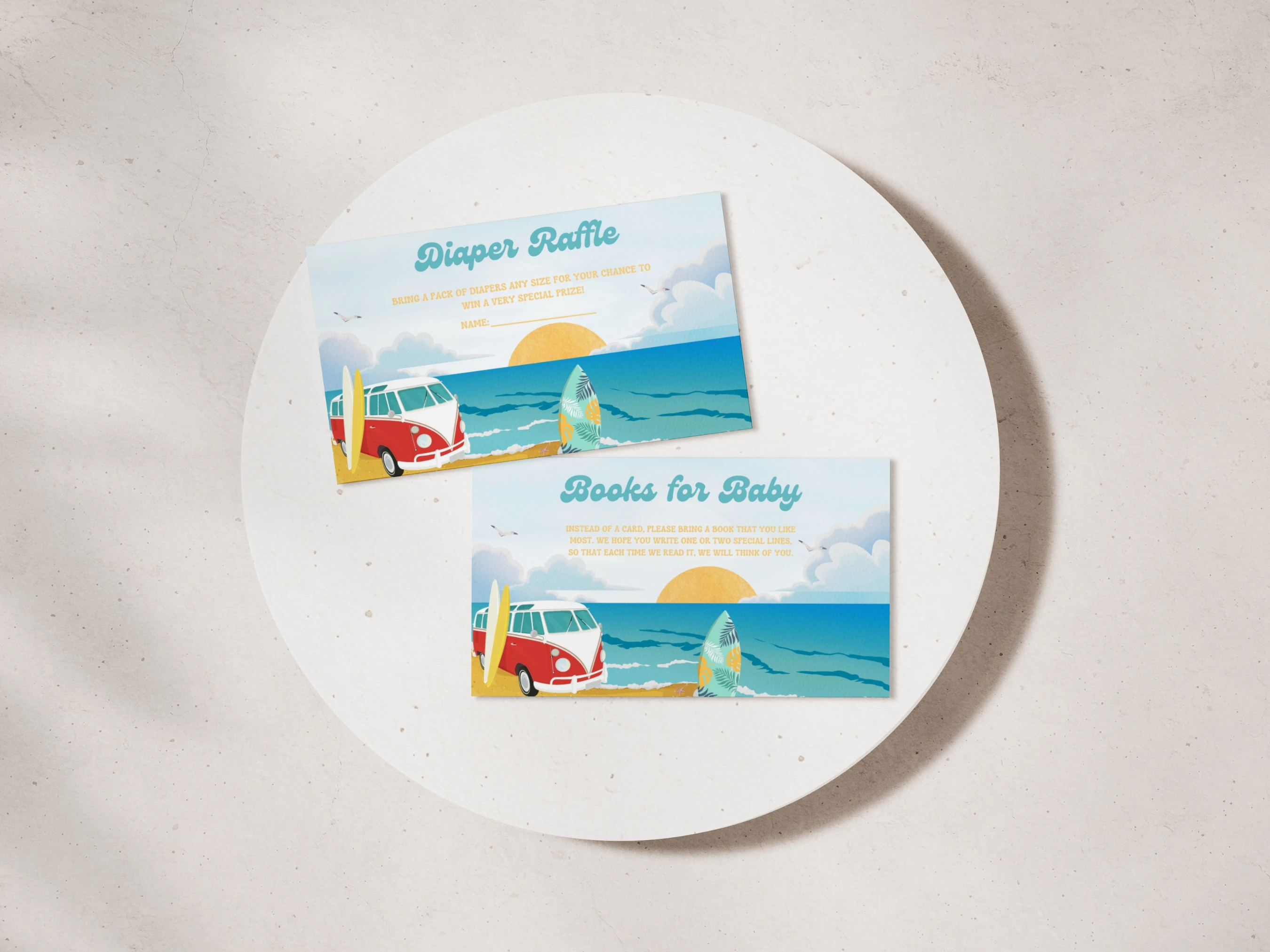 baby on board diaper raffle card, surf books for baby card, ocean tropical diaper raffle ticket printable, beach baby shower insert card, editable diaper raffle card Canva