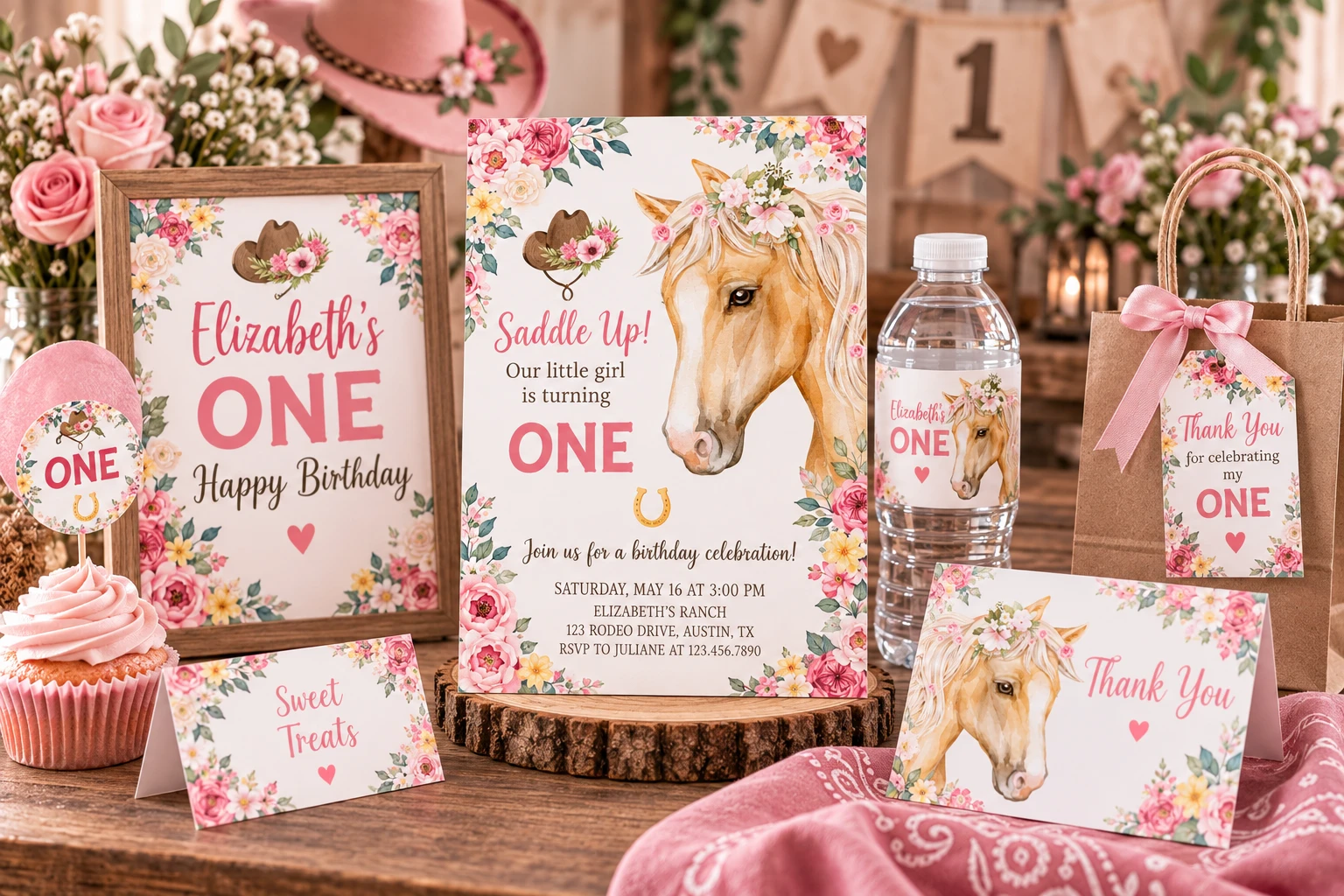 Coordinated first birthday invitations and decorations in a floral horse theme with welcome sign, invitation, cupcake toppers and matching details