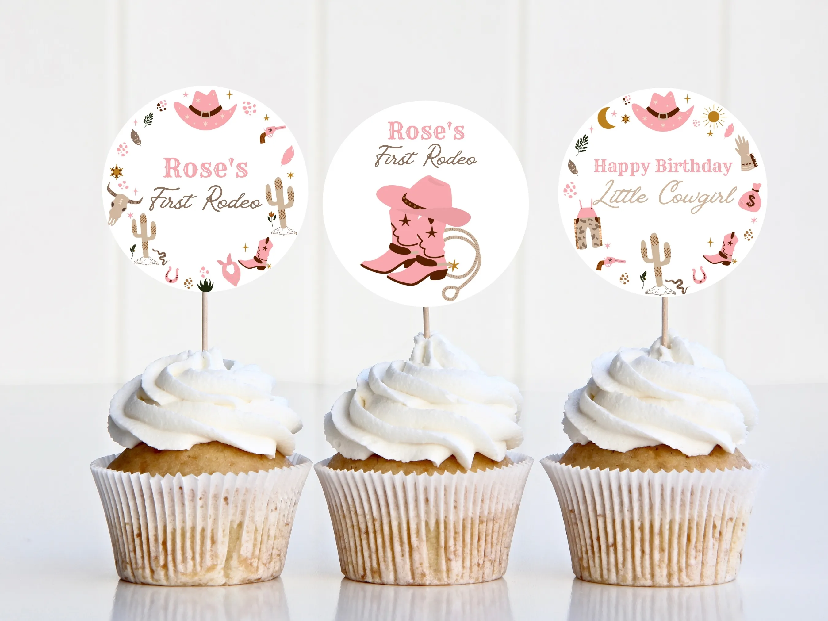 My First Rodeo cupcake toppers in pink cowgirl theme with western custom cake topper for a 1st birthday, editable Canva template by fllcdesigns