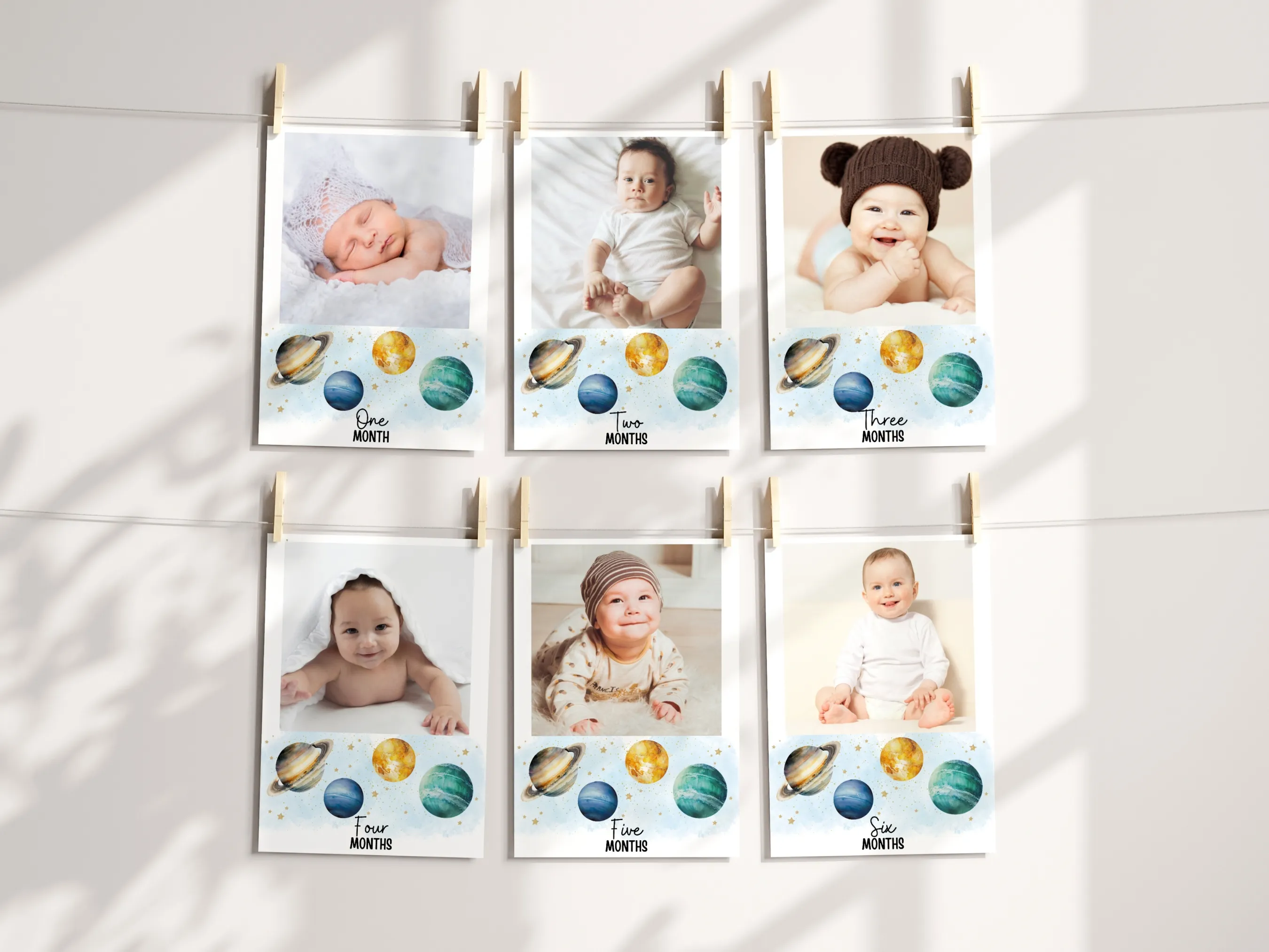 Outer space first birthday photo banner with planets baby milestone cards, editable Canva template for personalized cosmic birthday decorations, digital download.