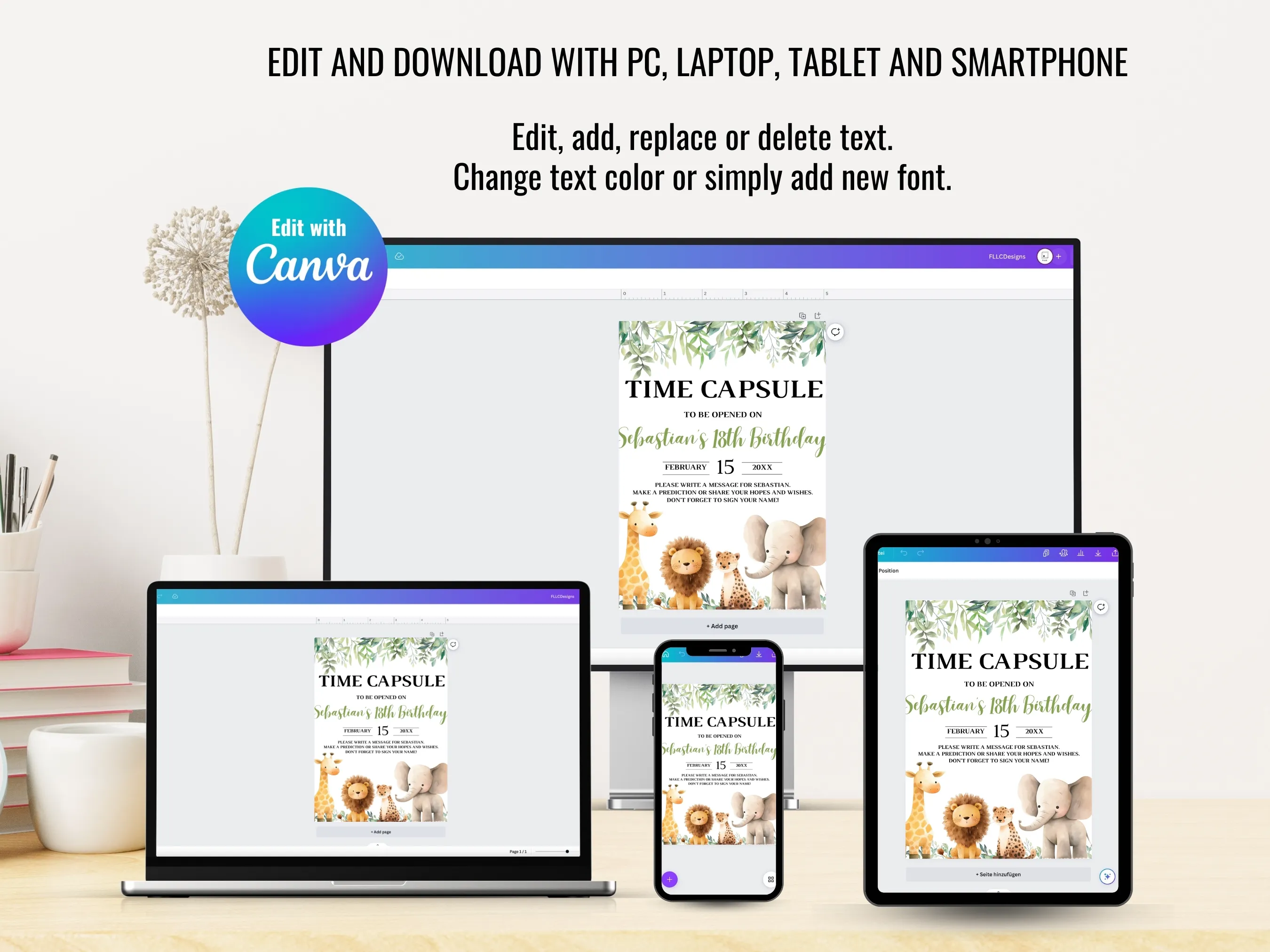 Wild One 1st Birthday Time Capsule Sign & Wishes Card | Safari Animals Birthday Guest Book | Editable Canva Template | Digital Download