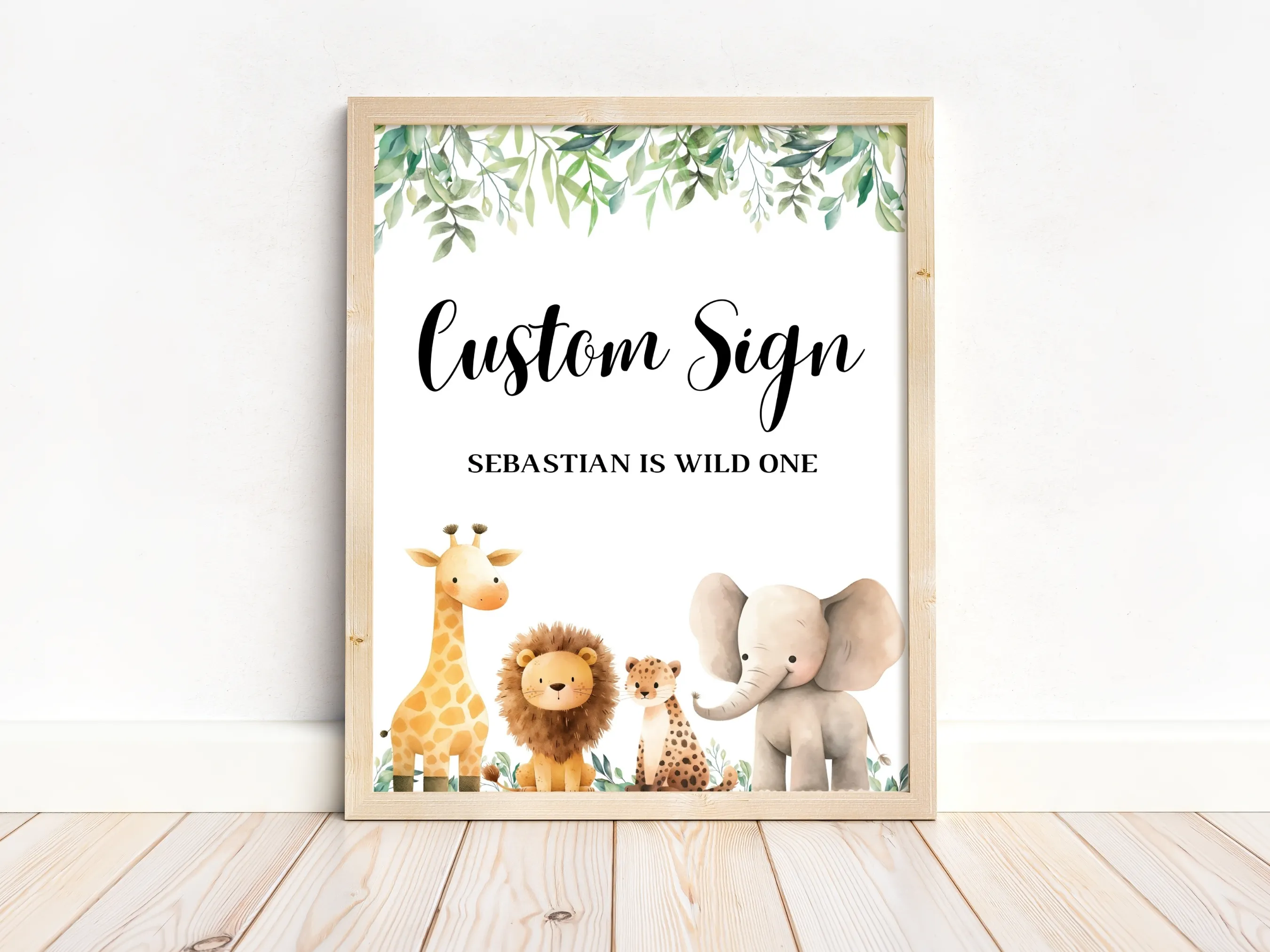 Wild One custom birthday sign with safari jungle animals theme, customizable cards and gifts table sign, editable Canva template by fllcdesigns