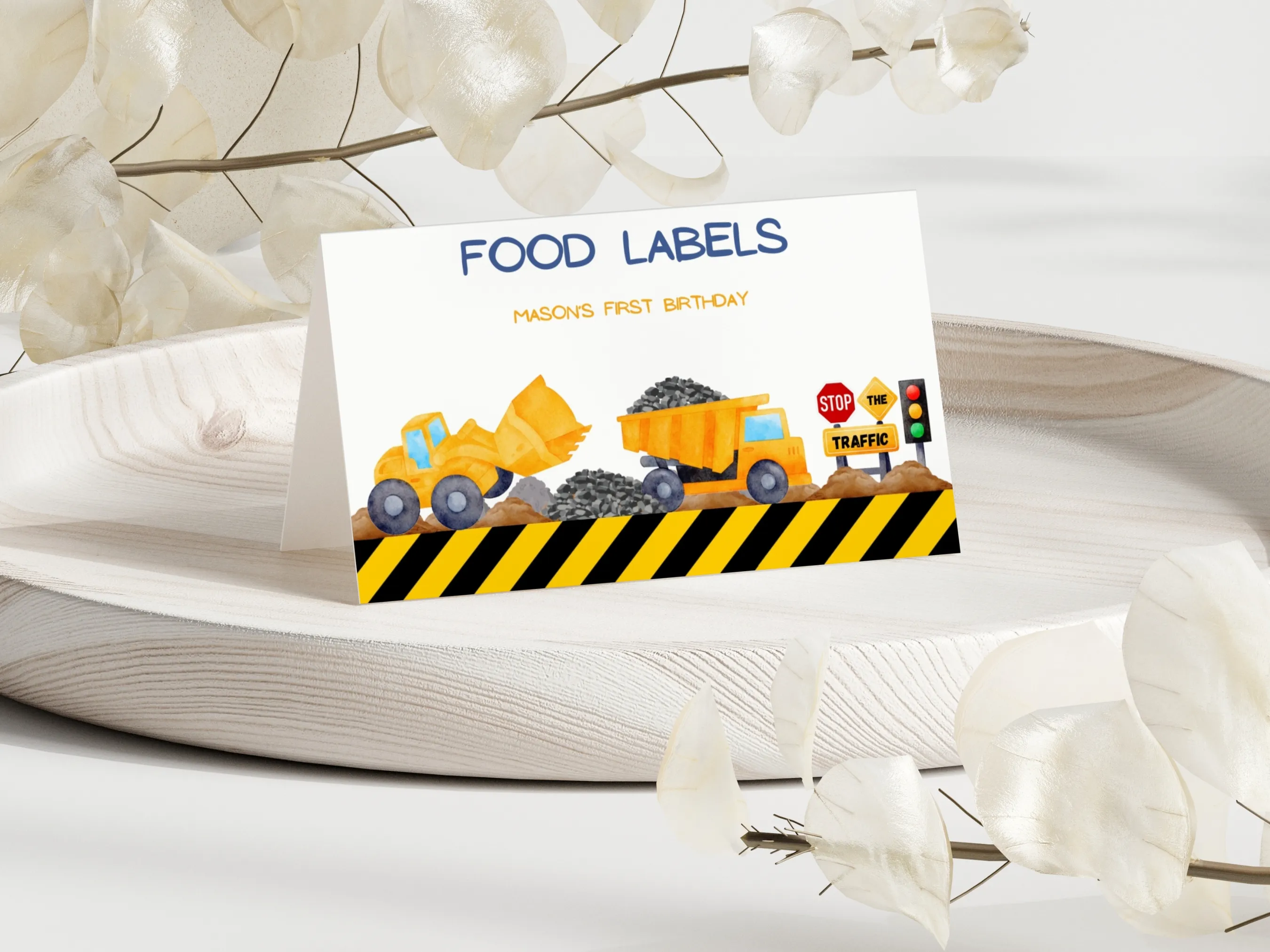 Construction birthday food tent cards with excavator and dump truck design, editable table labels and name tags by fllcdesigns