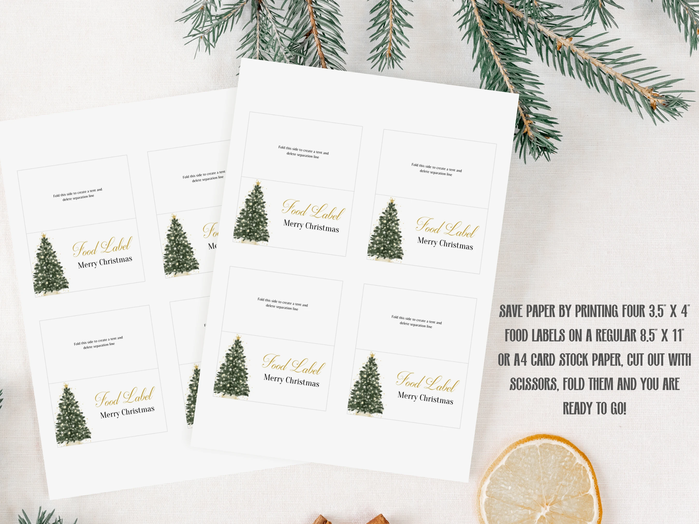 Green & Gold Christmas Place Cards | Food Tent & Name Tag Template | Editable Canva Template | Digital Download
