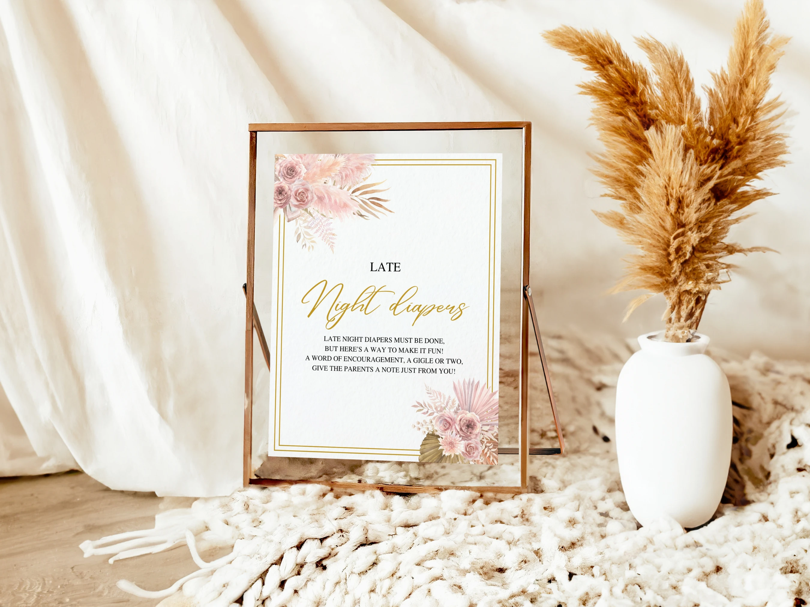 Boho Baby Shower Table Signs | Rose Gold Pampas Grass Late Night Diapers | Pacifier Hunt Sign | Editable Canva Template | Digital Download