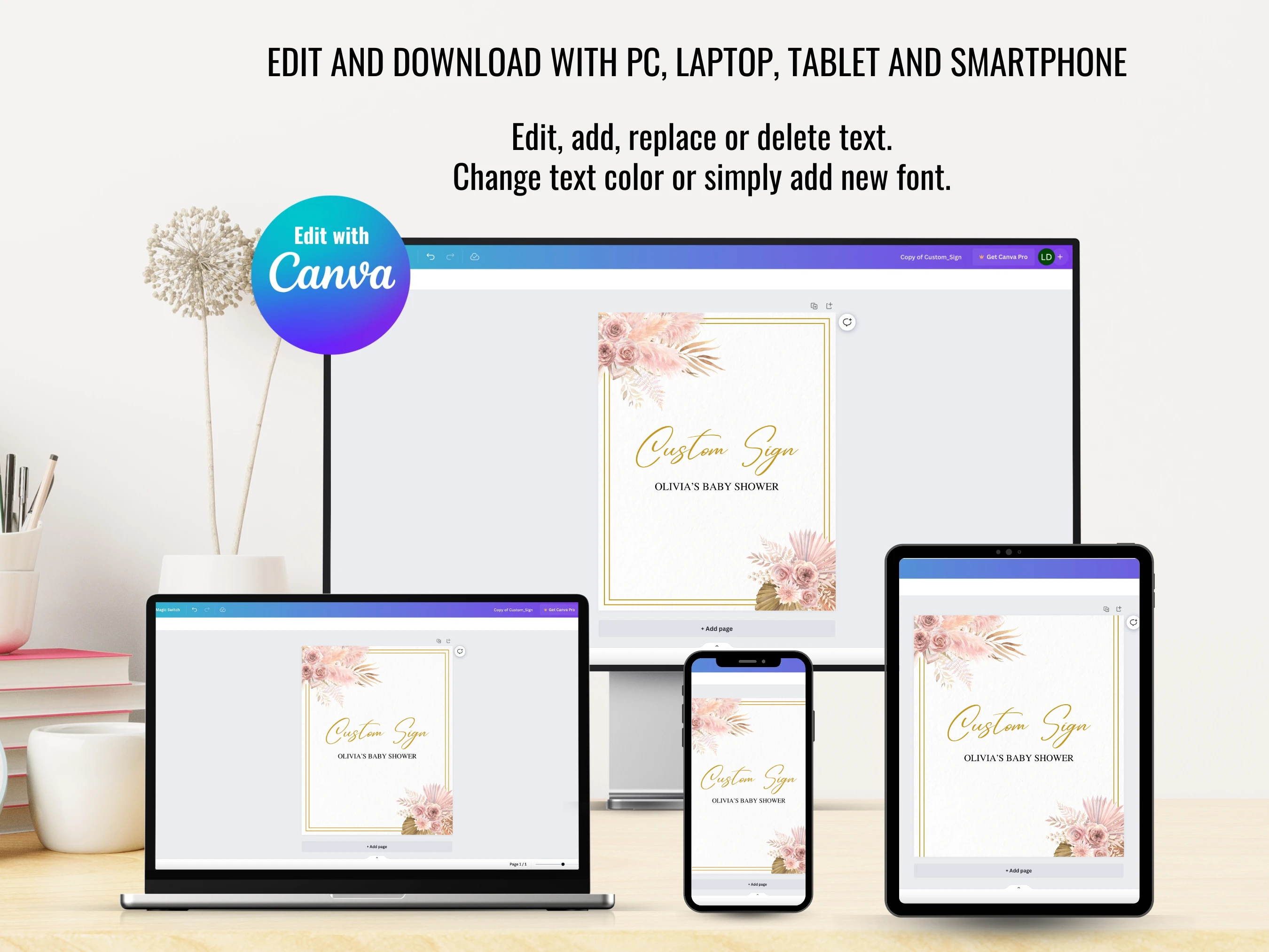 Boho Baby Shower Table Sign | Rose Gold Pampas Grass Late Night Diapers | Pacifier Hunt Sign | Editable Canva Template | Digital Download