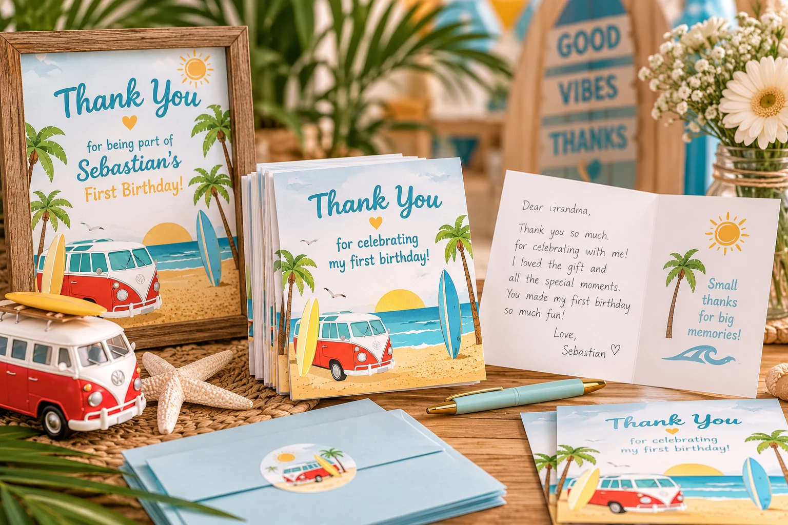 Beach themed first birthday thank-you cards with envelopes, handwritten note, surf decorations and coordinated birthday stationery