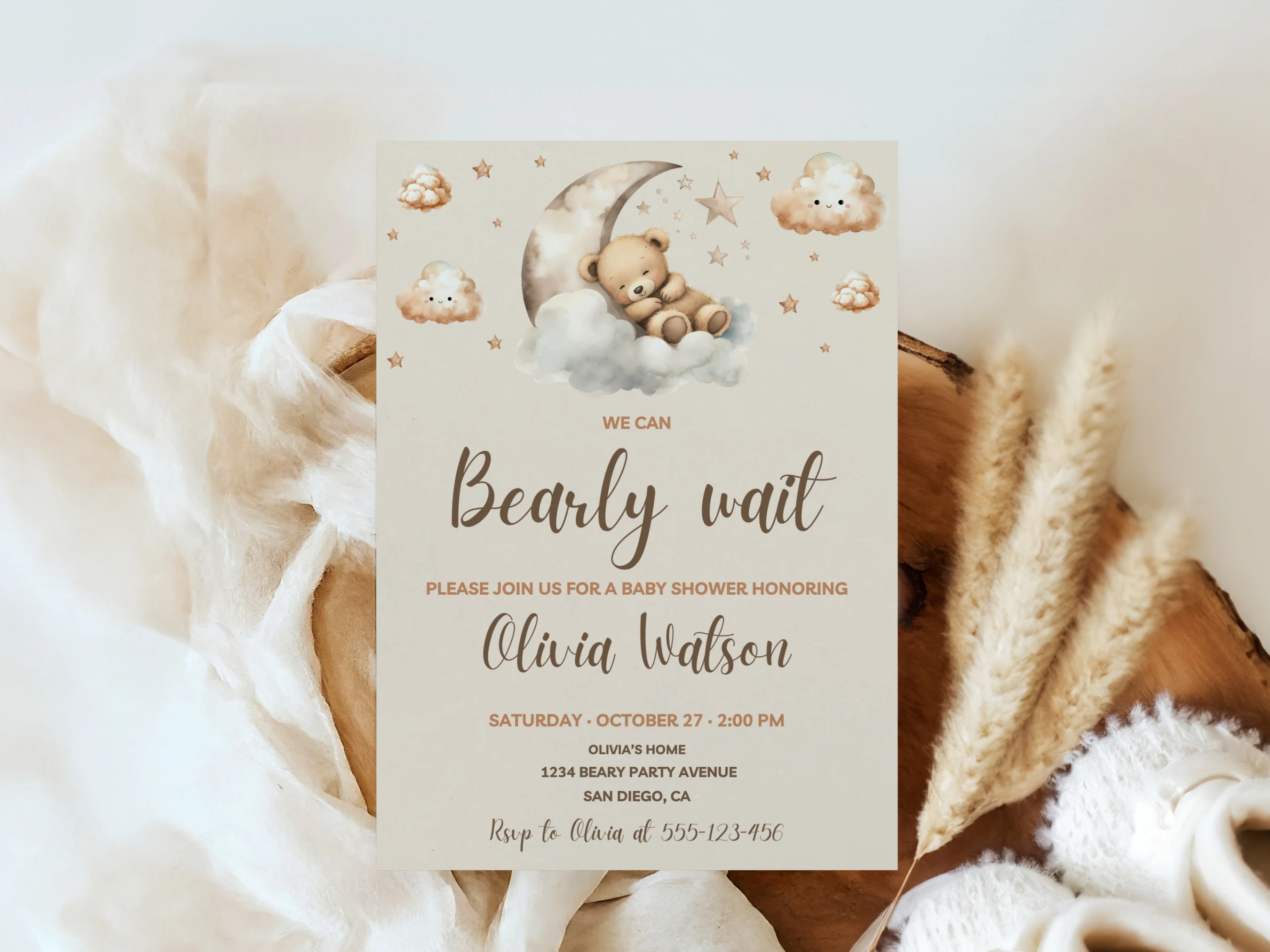we can bearly wait baby shower invitation, teddy bear baby shower invite, moon and clouds baby shower invitation template, printable baby shower invite, editable baby shower invitation Canva