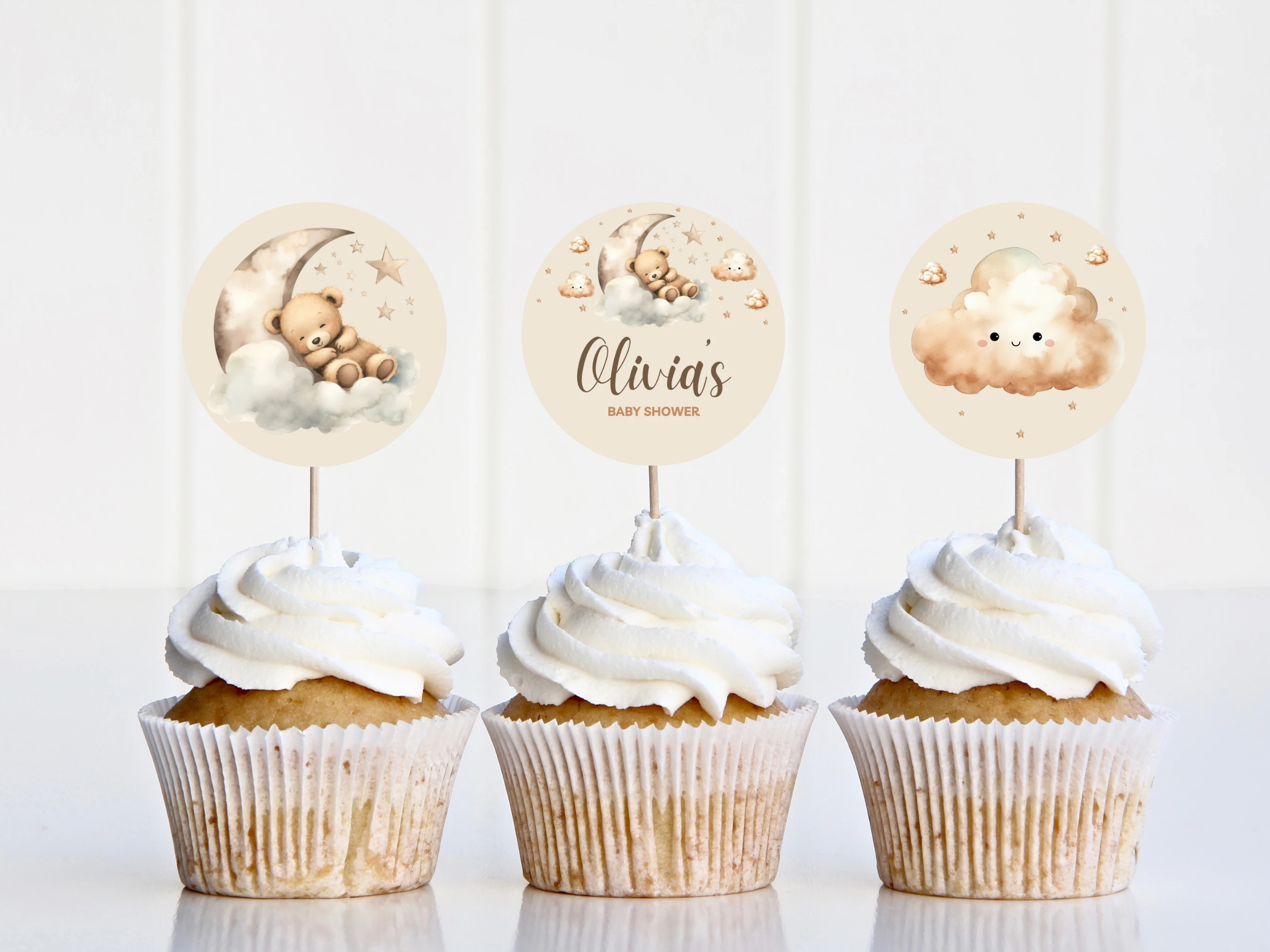 Sleeping Teddy Bear Baby Shower Cupcake Toppers | Over The Moon Beige Gold Boho Cake Topper | Editable Canva Template | Digital Download