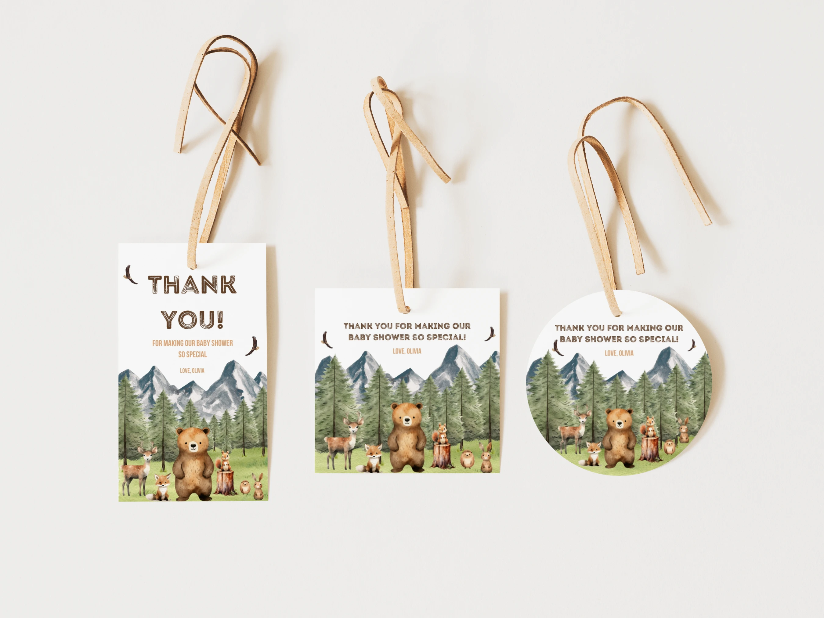 woodland baby shower thank you tags forest animals adventure favors canva template digital download, forest animals baby shower favor tags mountain woodland decorations canva template