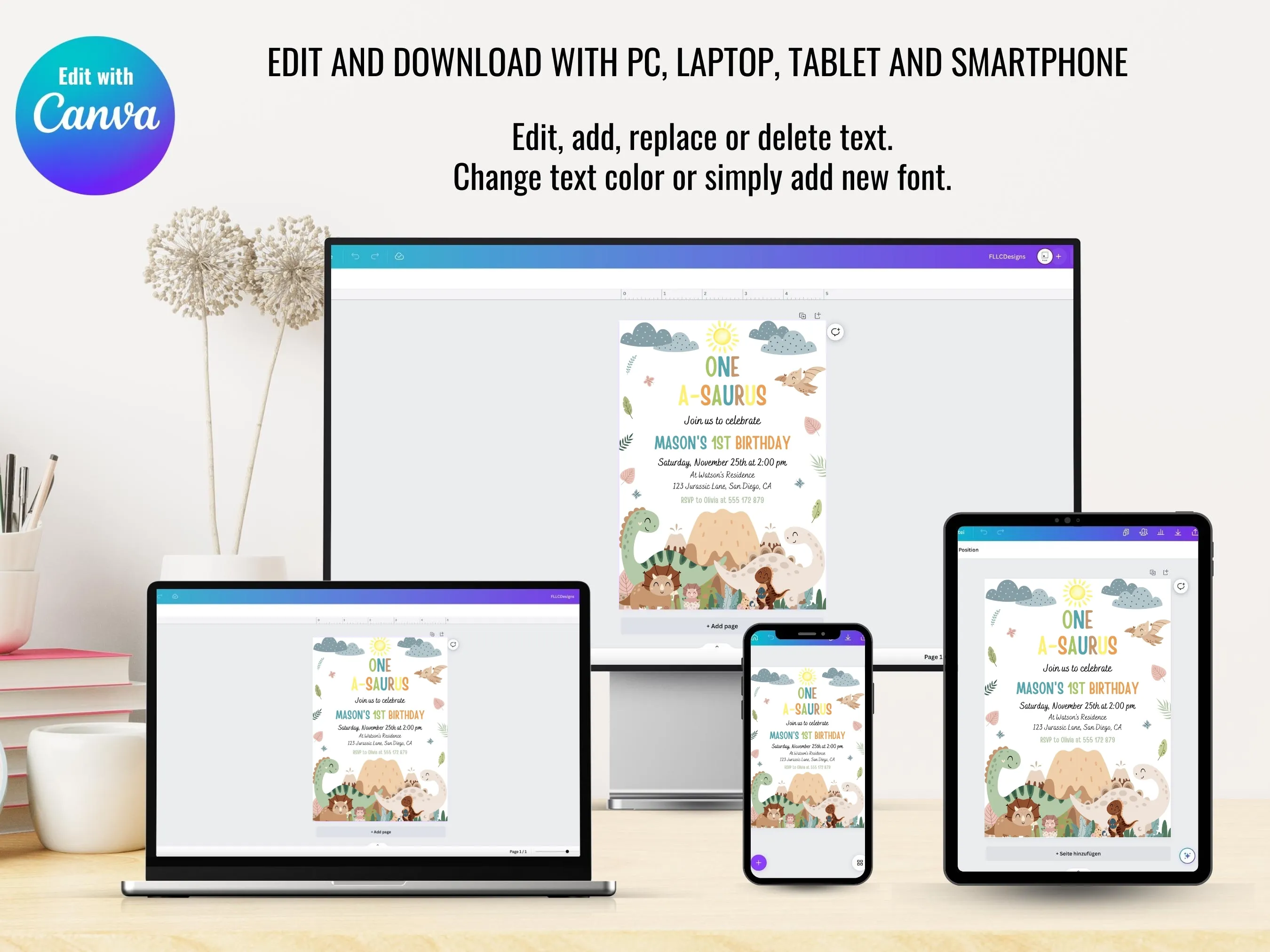 Dinosaur 1st Birthday Invitation | T-Rex Dino Party for Boys | Editable Canva Template | Digital Download