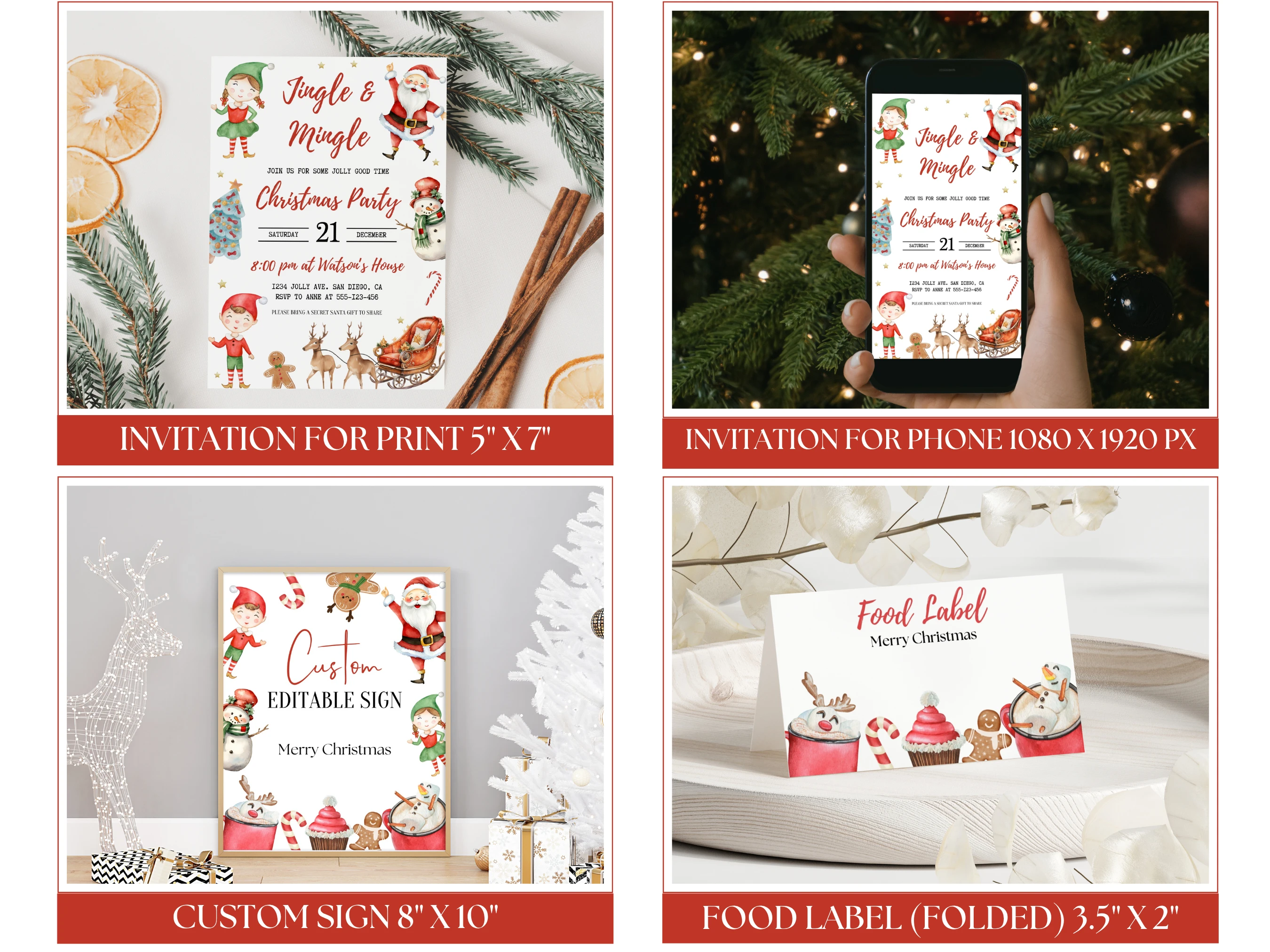 Santa Christmas Party Bundle | Jingle and Mingle Dinner Invitation Kit | Editable Canva Template | Digital Download