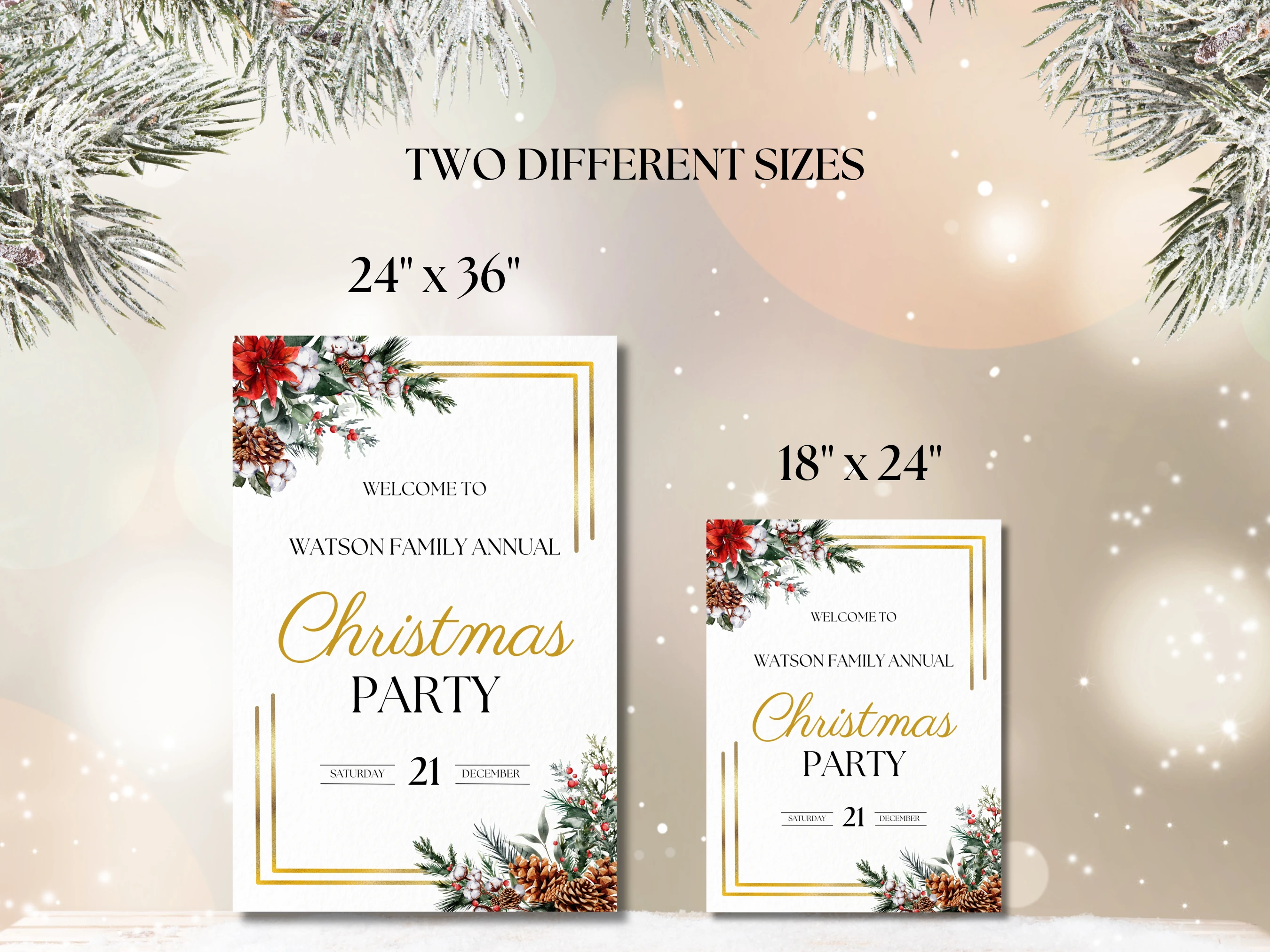 Christmas Party Welcome Sign | Golden Frame and Festive Greenery Decor | Editable Canva Template | Digital Download