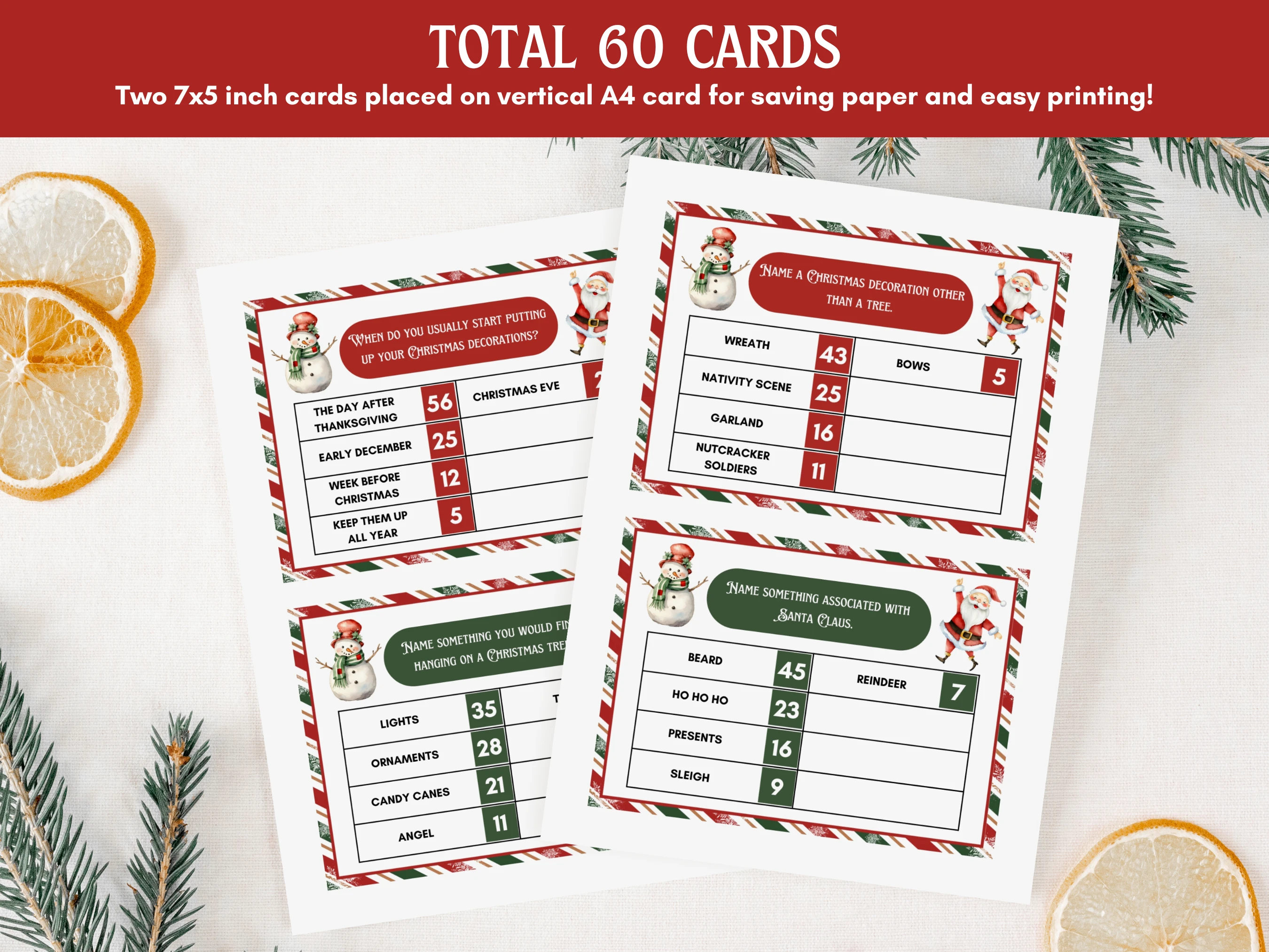 Santa & Snowman Christmas Feud Game | 60 Printable Family Survey Cards | Ready-to-Print Game | Digital Download
