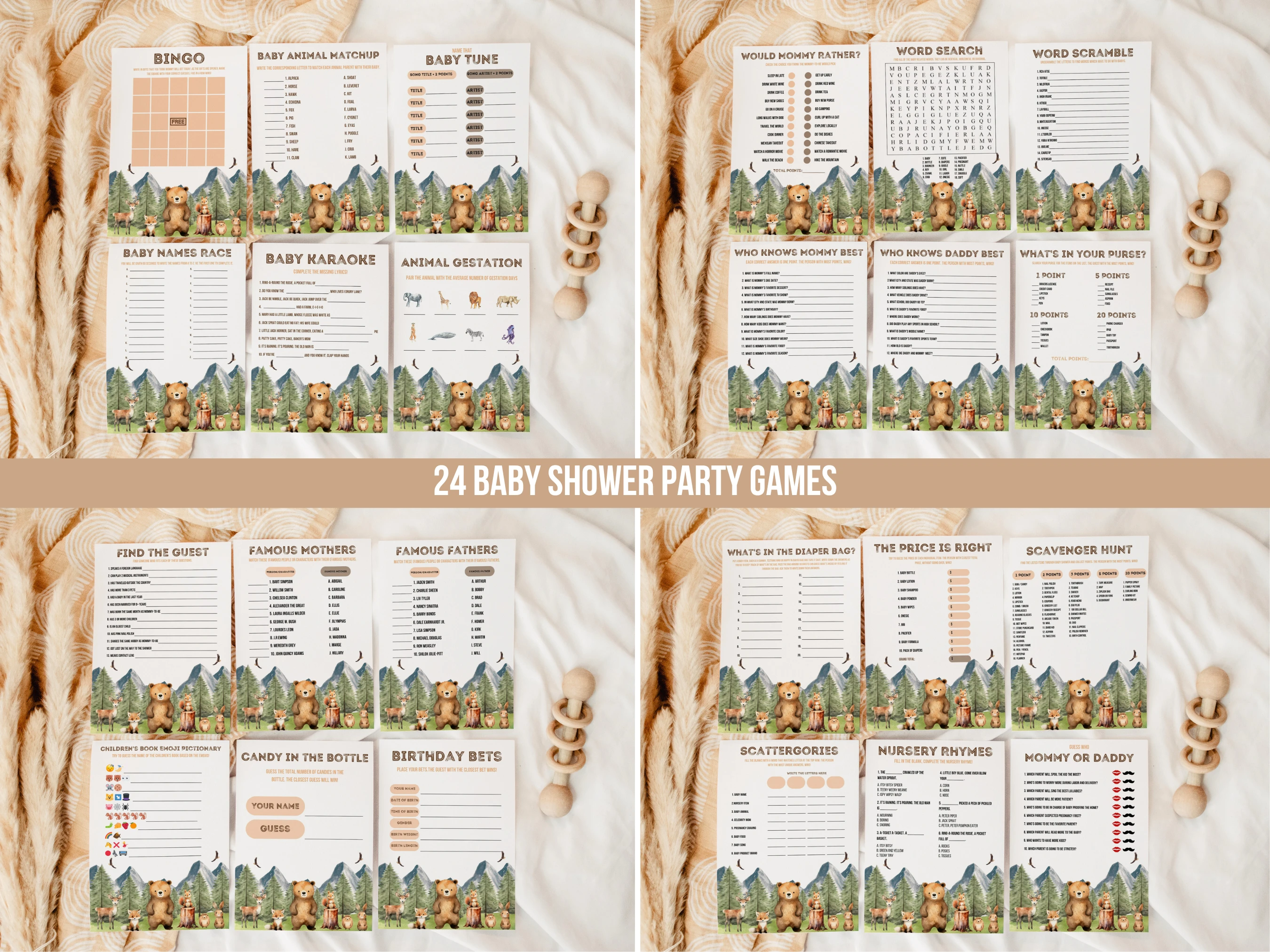 Woodland Baby Shower Games Bundle | Baby Shower Bingo Printable Games | Brown Bear Baby Shower Party Games | Editable Canva Template | Digital Download