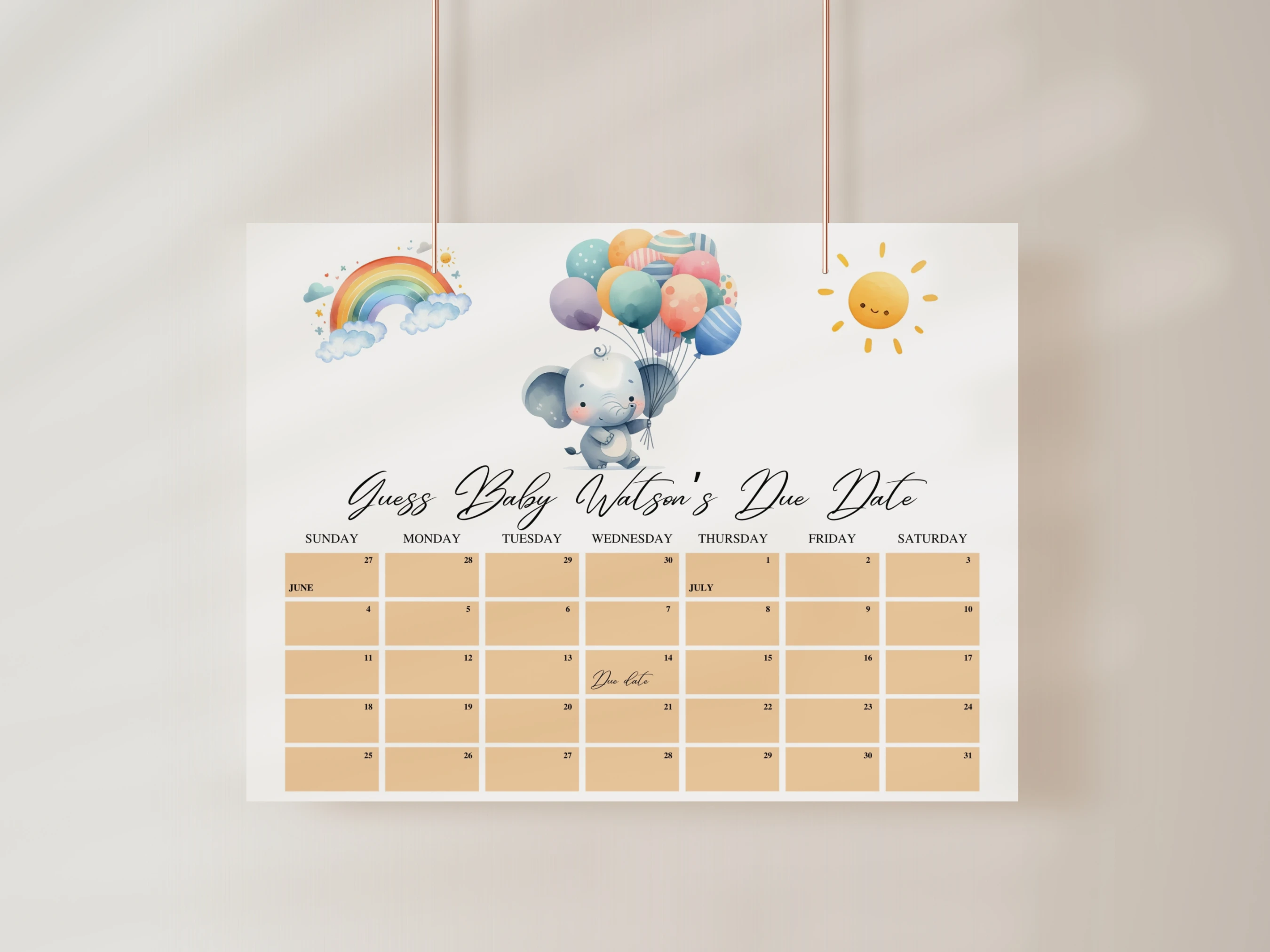 elephant baby shower due date calendar little peanut prediction game rainbow balloons canva template digital download, rainbow baby shower guess due date game elephant decorations canva template