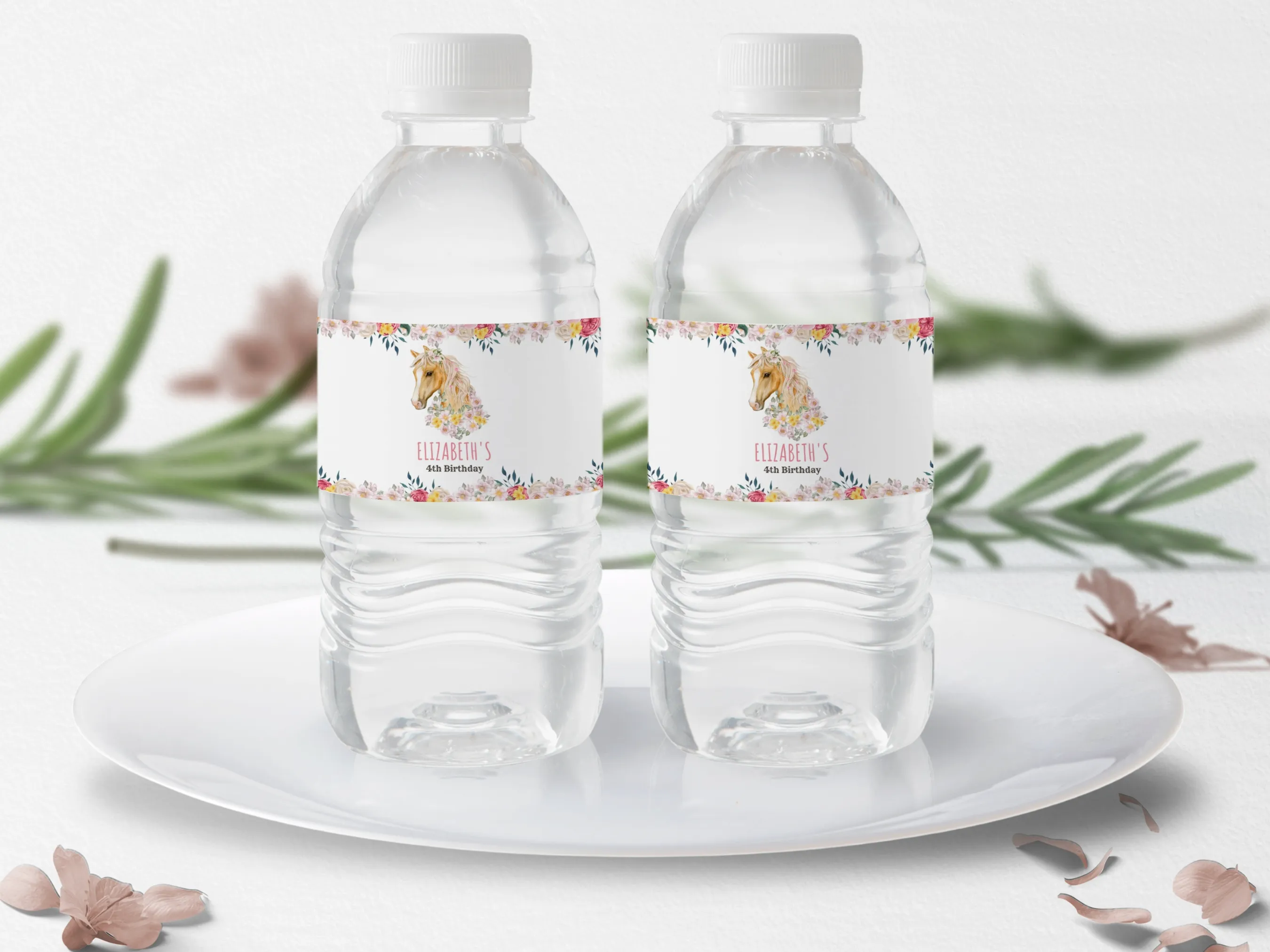 Horse birthday water bottle labels with pony and cowgirl theme, editable bottle wraps and bottle stickers by fllcdesigns