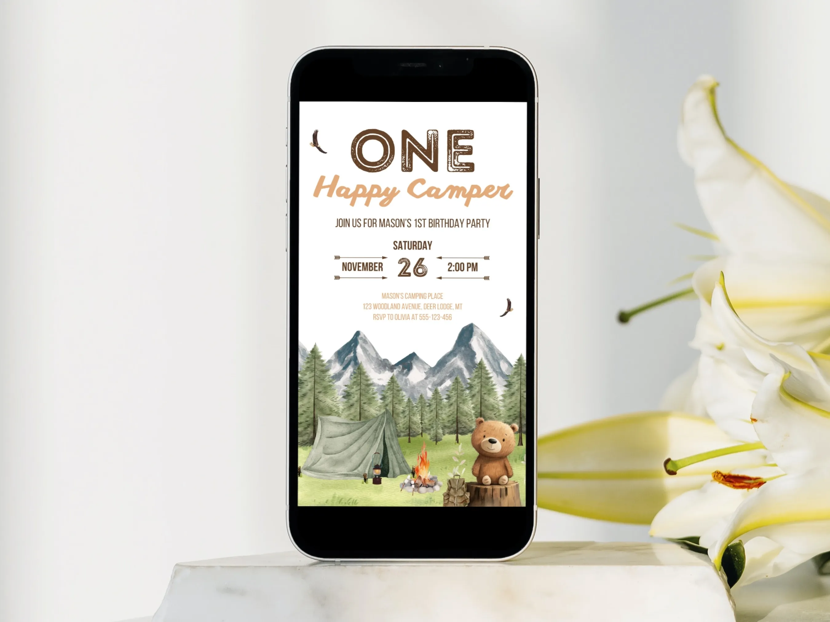 One Happy Camper 1st birthday mobile invitation with woodland camping theme, editable Canva template for kids’ outdoor adventure party, digital download.