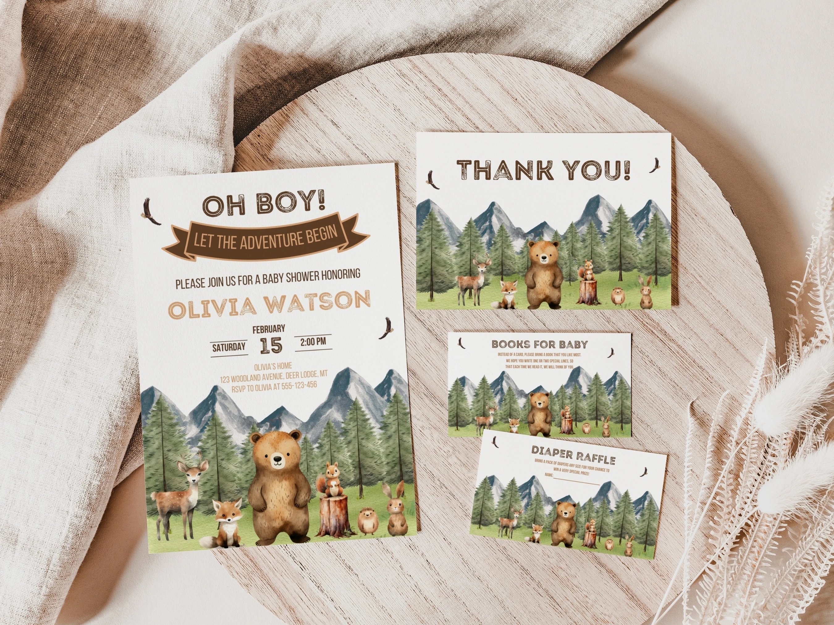 woodland baby shower invitation set forest animals adventure awaits starter pack invite thank you cards diaper raffle books for baby canva template digital download, forest animals baby shower invitation bundle