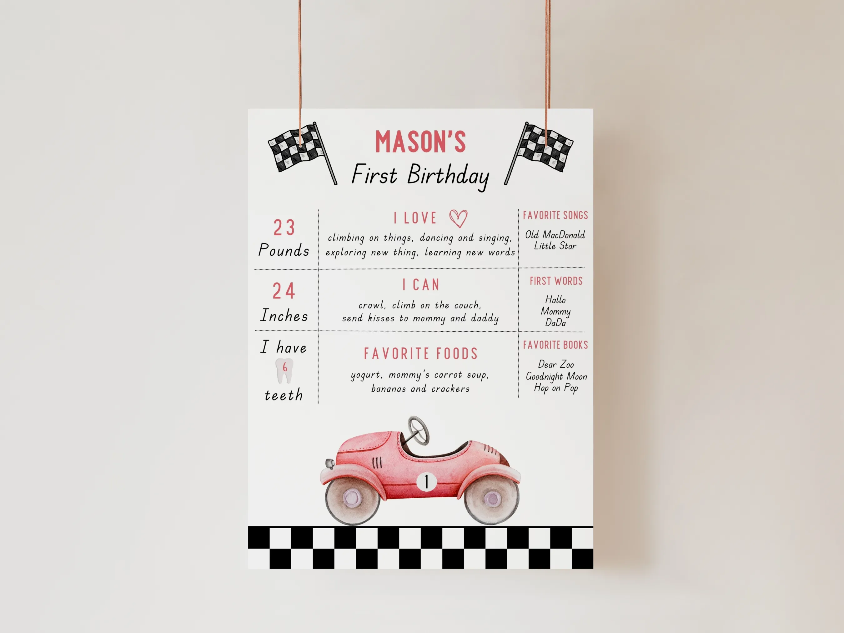 Fast One birthday milestone board with red race car theme for a first birthday, editable Canva template digital download by fllcdesigns