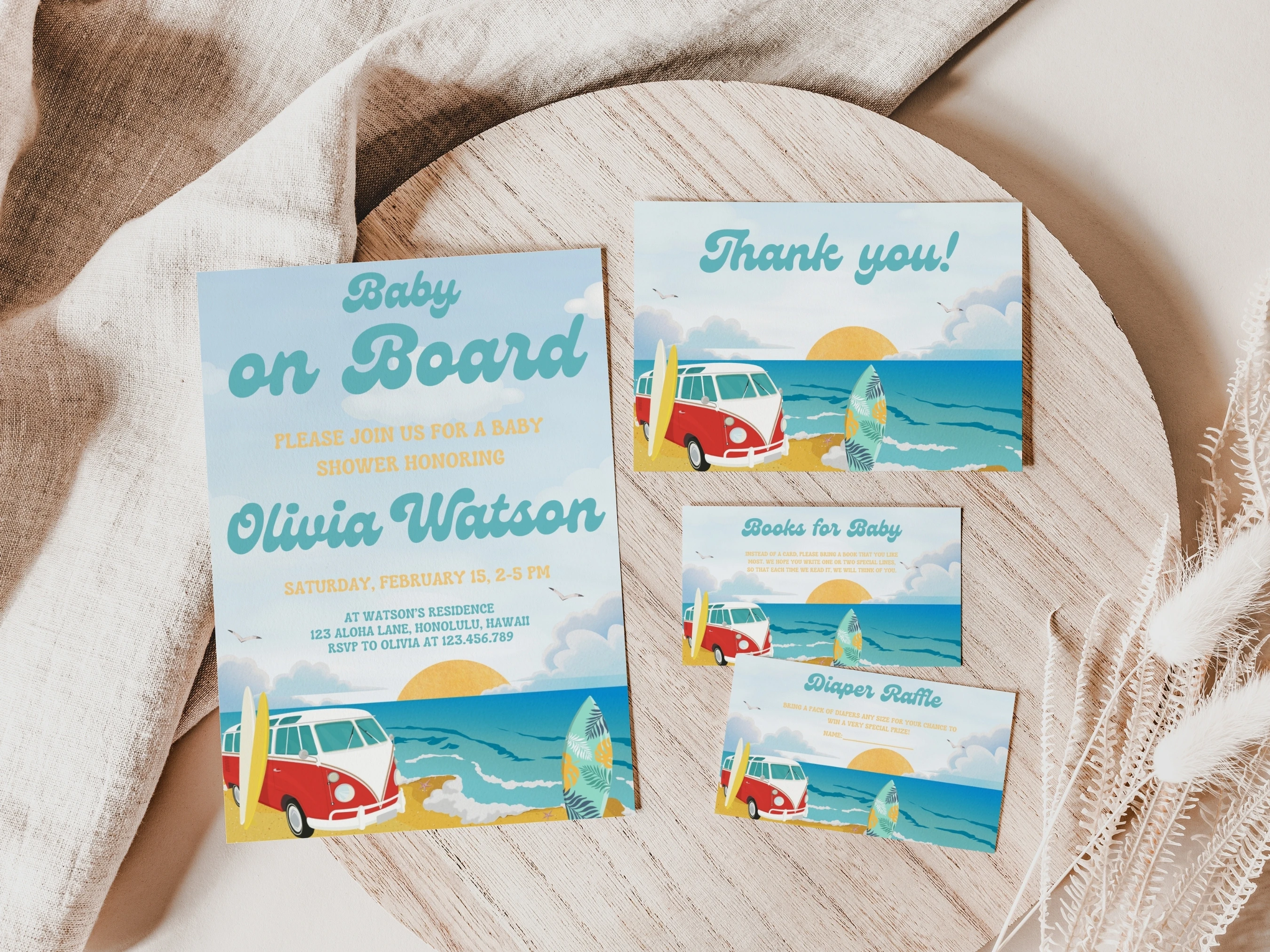 baby on board baby shower invitation set ocean surf beach starter pack baby boy invite thank you cards diaper raffle books for baby canva template digital download, ocean surf baby shower invitation bundle