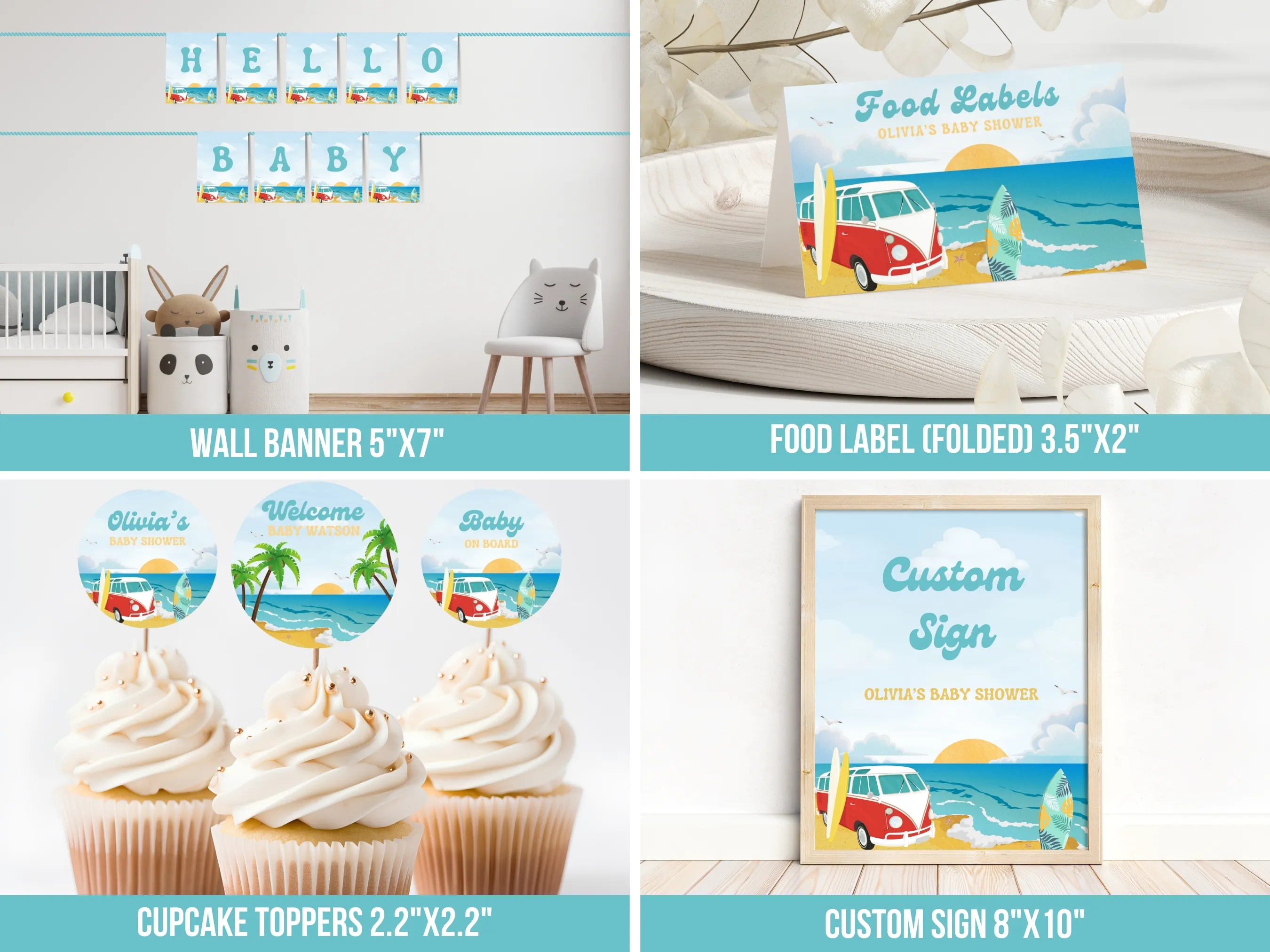 Baby On Board Baby Shower Bundle | Surf Editable Canva Templates | Tropical Beach Theme | Digital Download