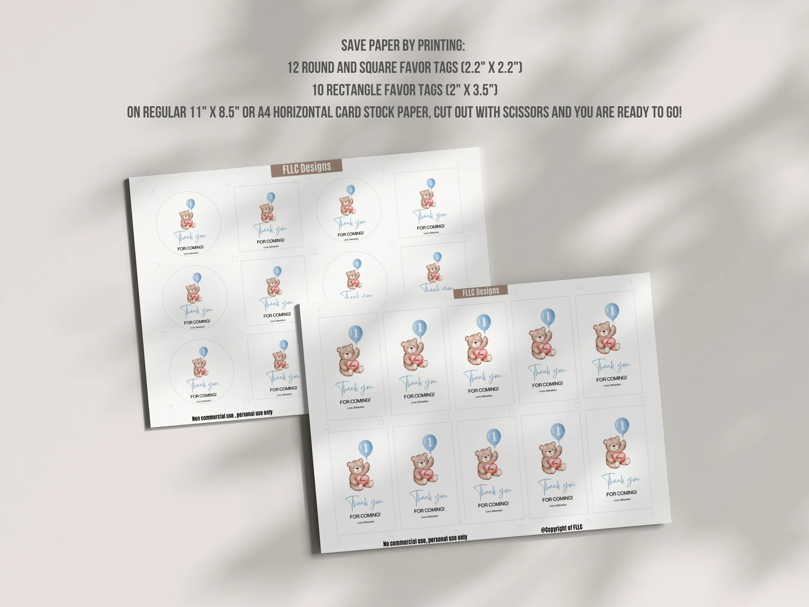 Teddy Bear 1st Birthday Thank You Tags | Cute Bear Party Favor Labels | Printable Gift Tags | Editable Canva Template | Digital Download