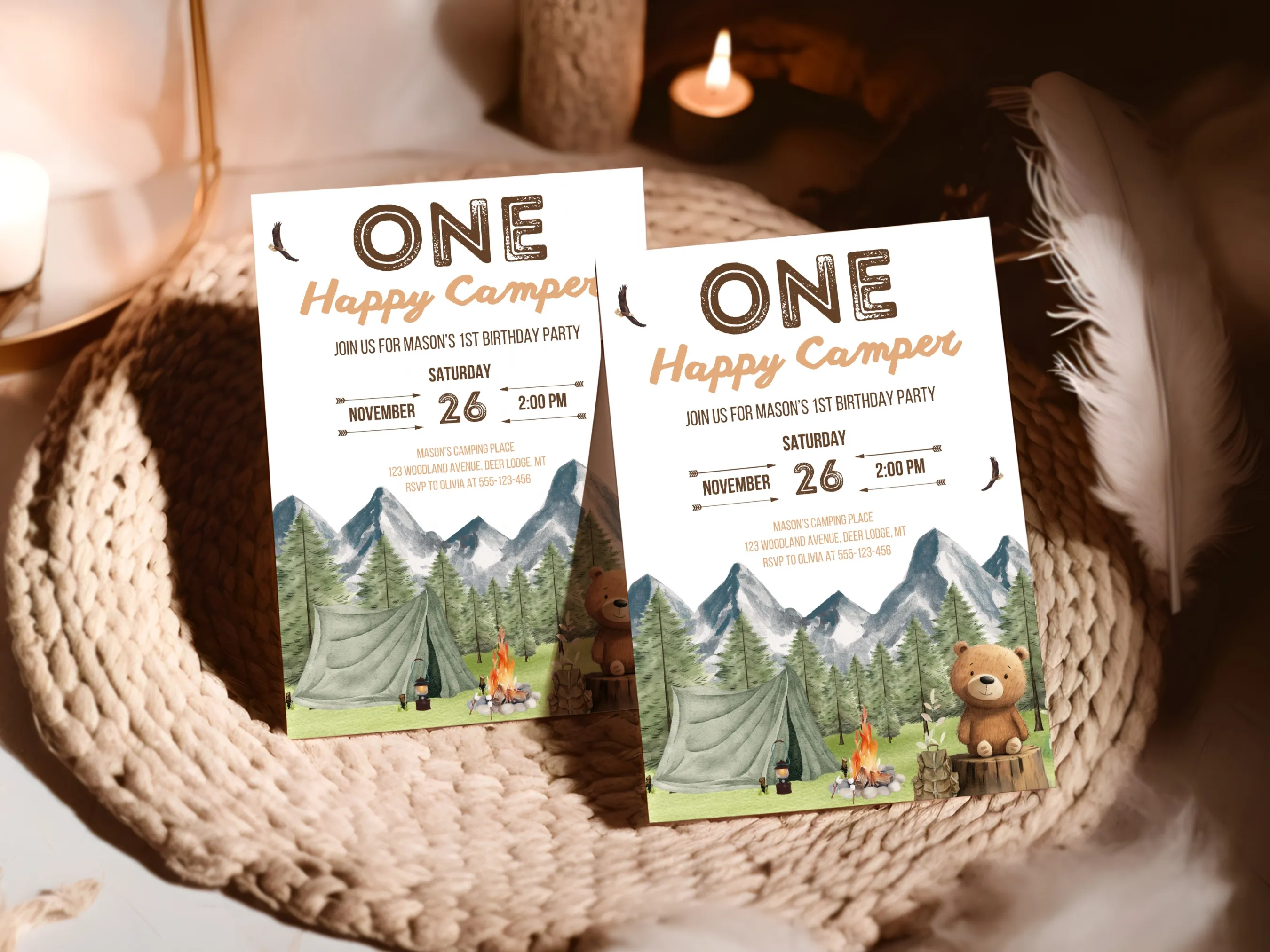 One Happy Camper First Birthday Invitation | Camping & Woodland Theme | Editable Canva Template | Digital Download