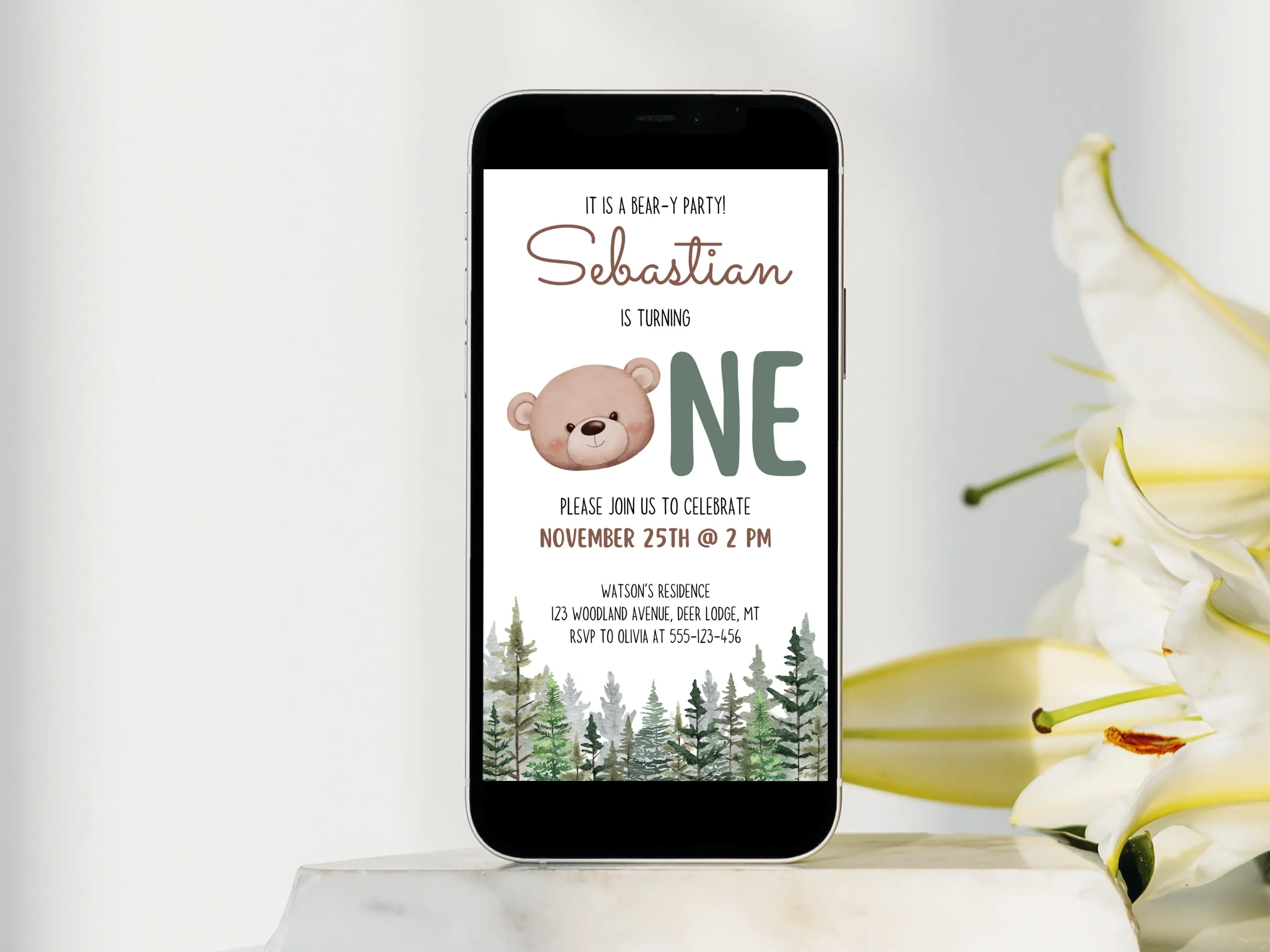 Woodland brown bear birthday evite with cute teddy bear party mobile invitation theme, editable Canva template for kids’ woodland celebration, digital download.