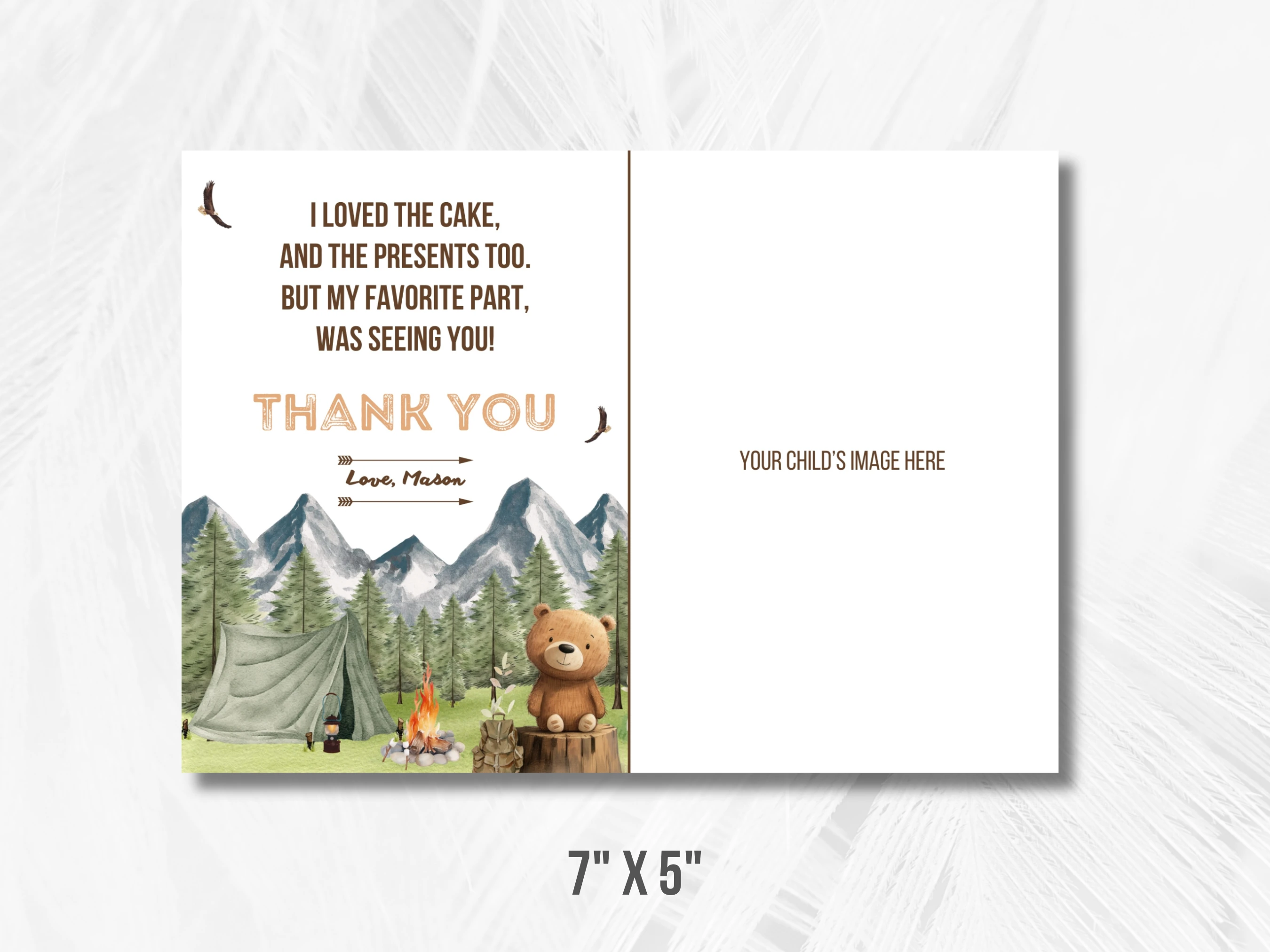 One Happy Camper Birthday Thank You Card With Photo | Woodland Birthday Thank You Note | Brown Bear 1st Birthday Party | Editable Canva Template | Digital Download
