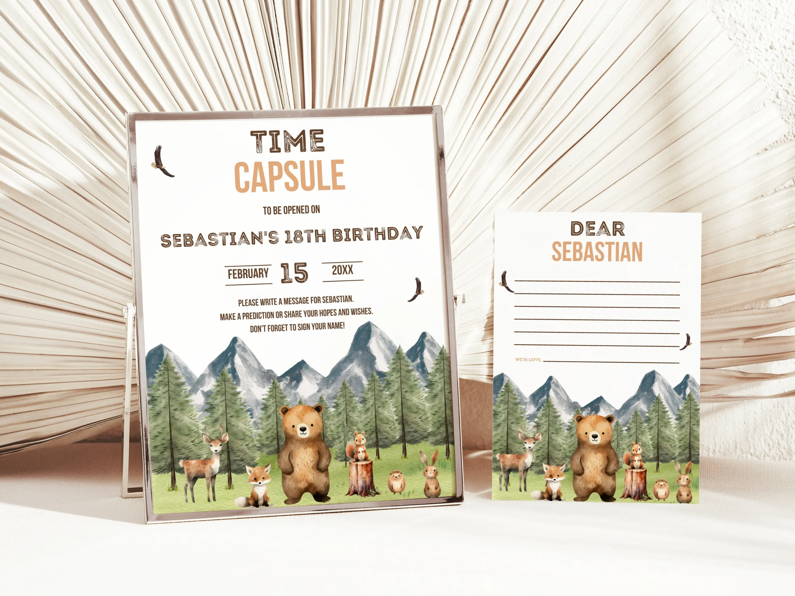 Woodland birthday time capsule sign and wishes card with wild one forest theme, editable Canva guest book template, digital download.