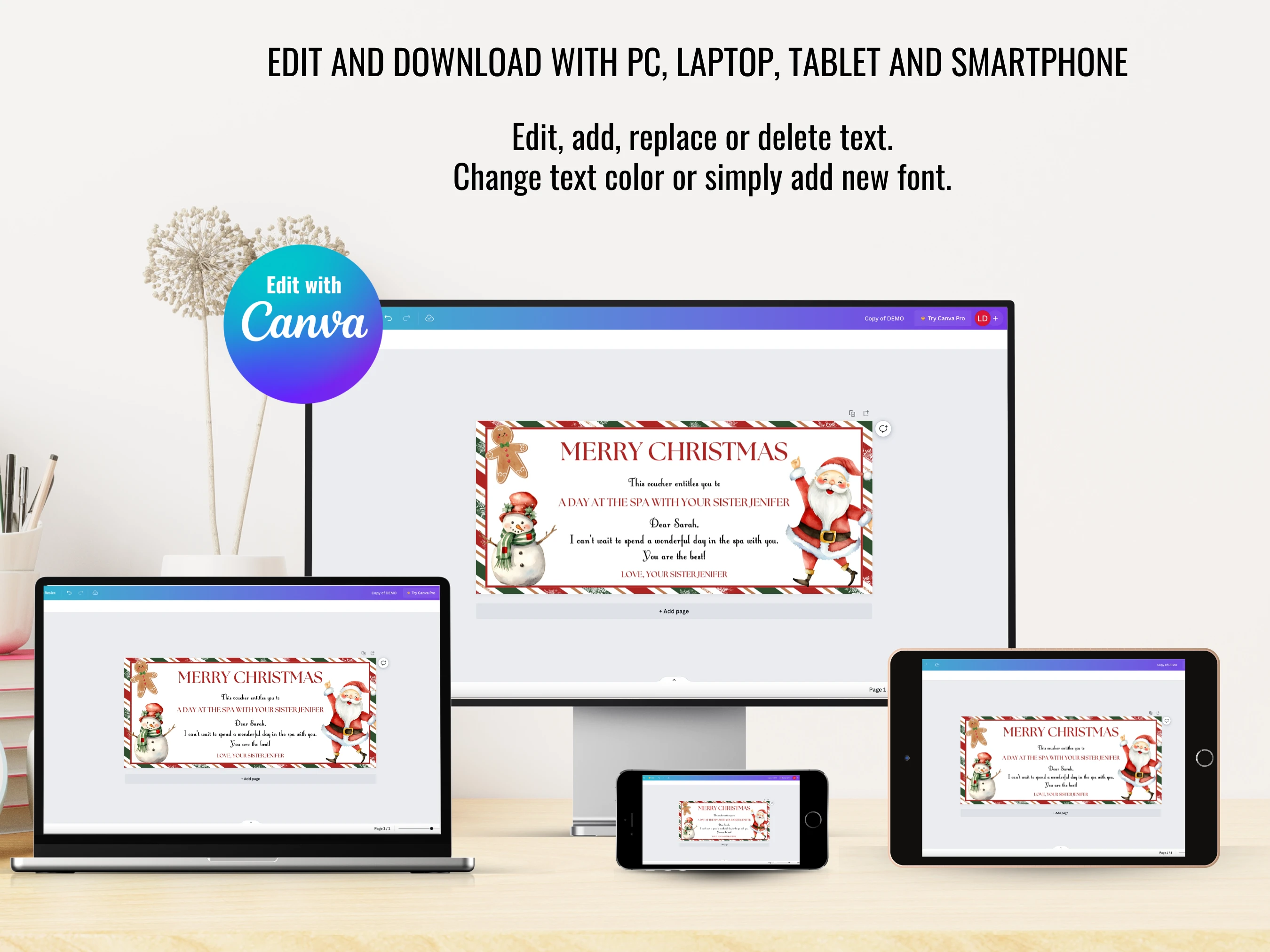 Christmas Gift Voucher Template | Santa & Snowman Holiday Gift Certificate | Editable Canva Template | Digital Download
