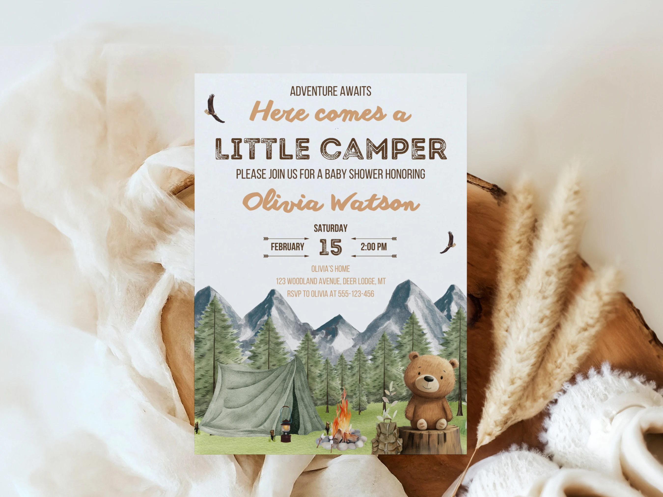 little camper baby shower invitation, woodland camping baby shower invite, adventure awaits baby shower invitation template, printable baby shower invite, editable baby shower invitation Canva