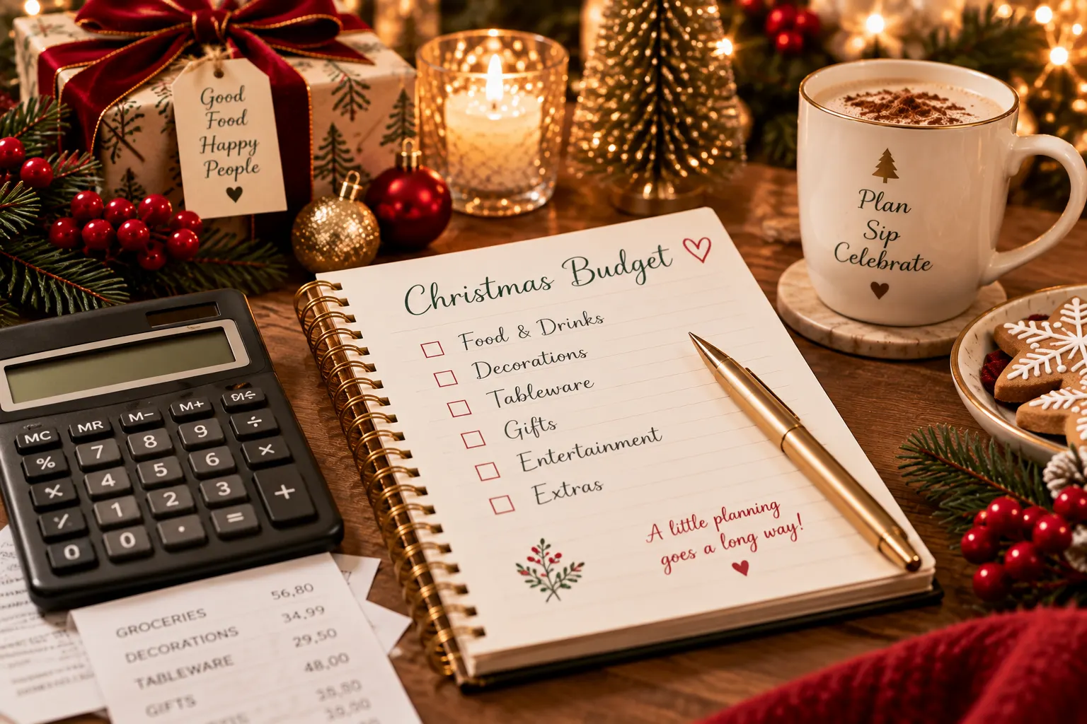 Christmas dinner budget planner with calculator, festive decorations and checklist